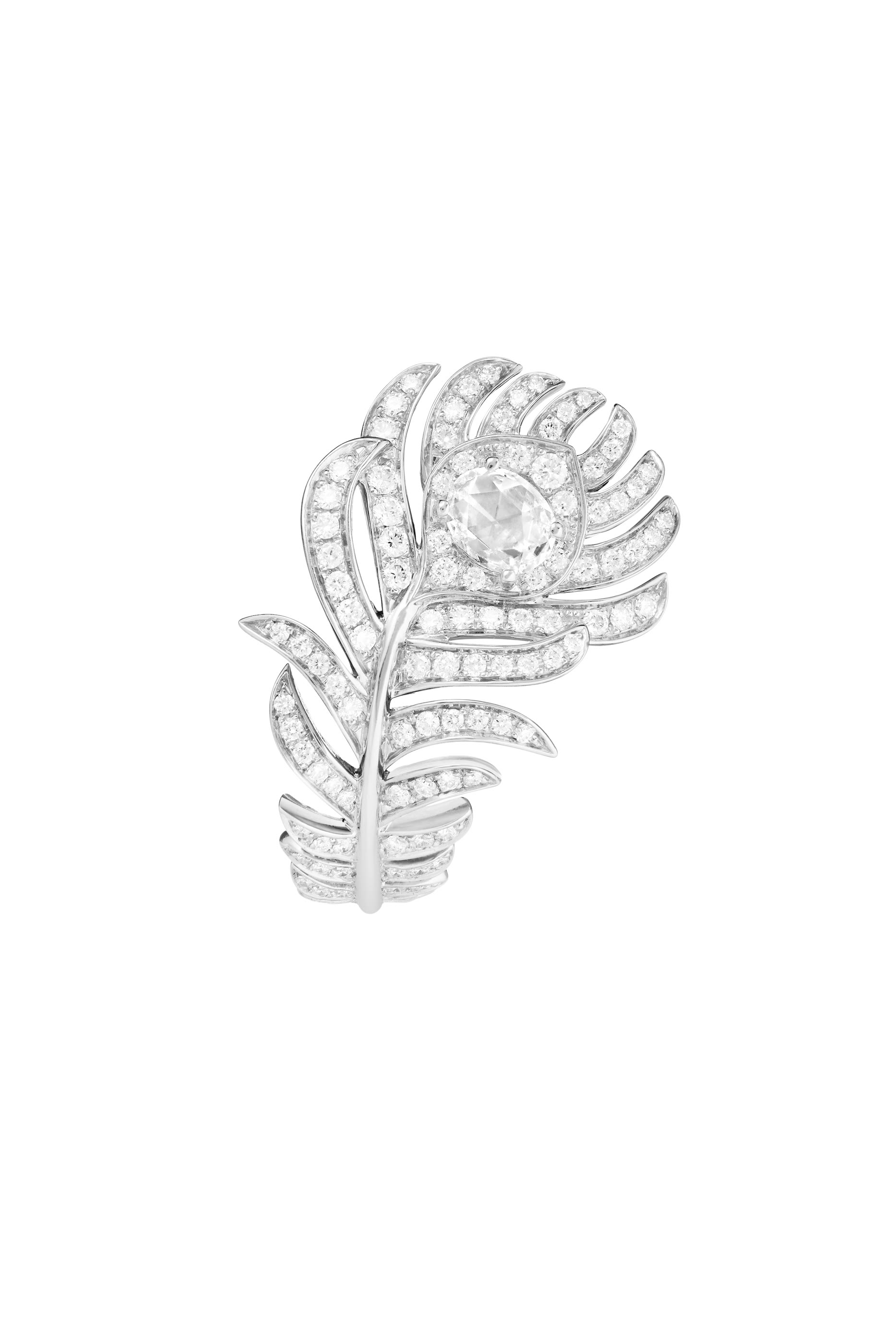 Plume De Paon Small Ring, Set With A Rose-Cut Diamond, Paved With Diamonds, 18k White Gold