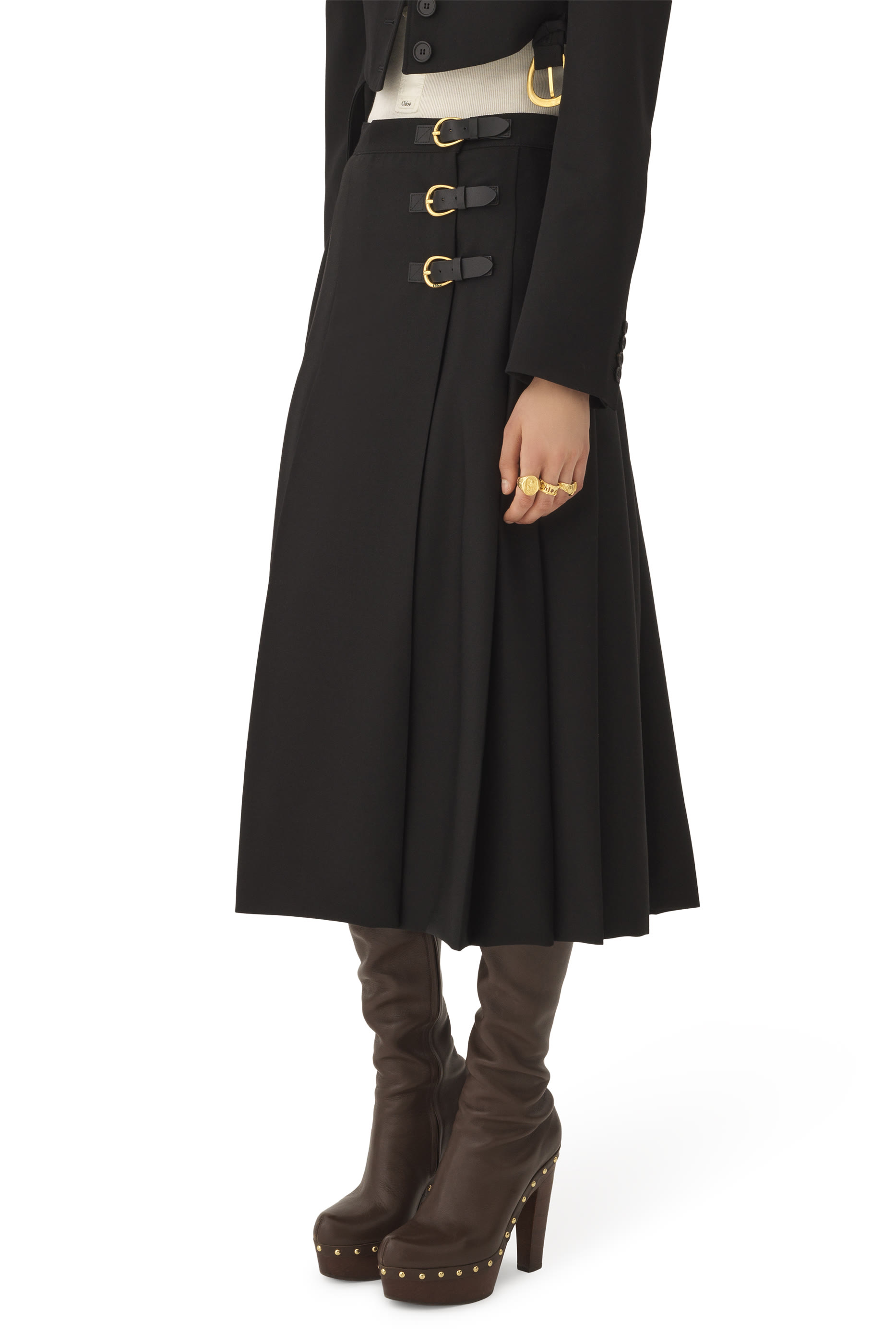 Buckled Leather Tabs Pleated Midi Skirt