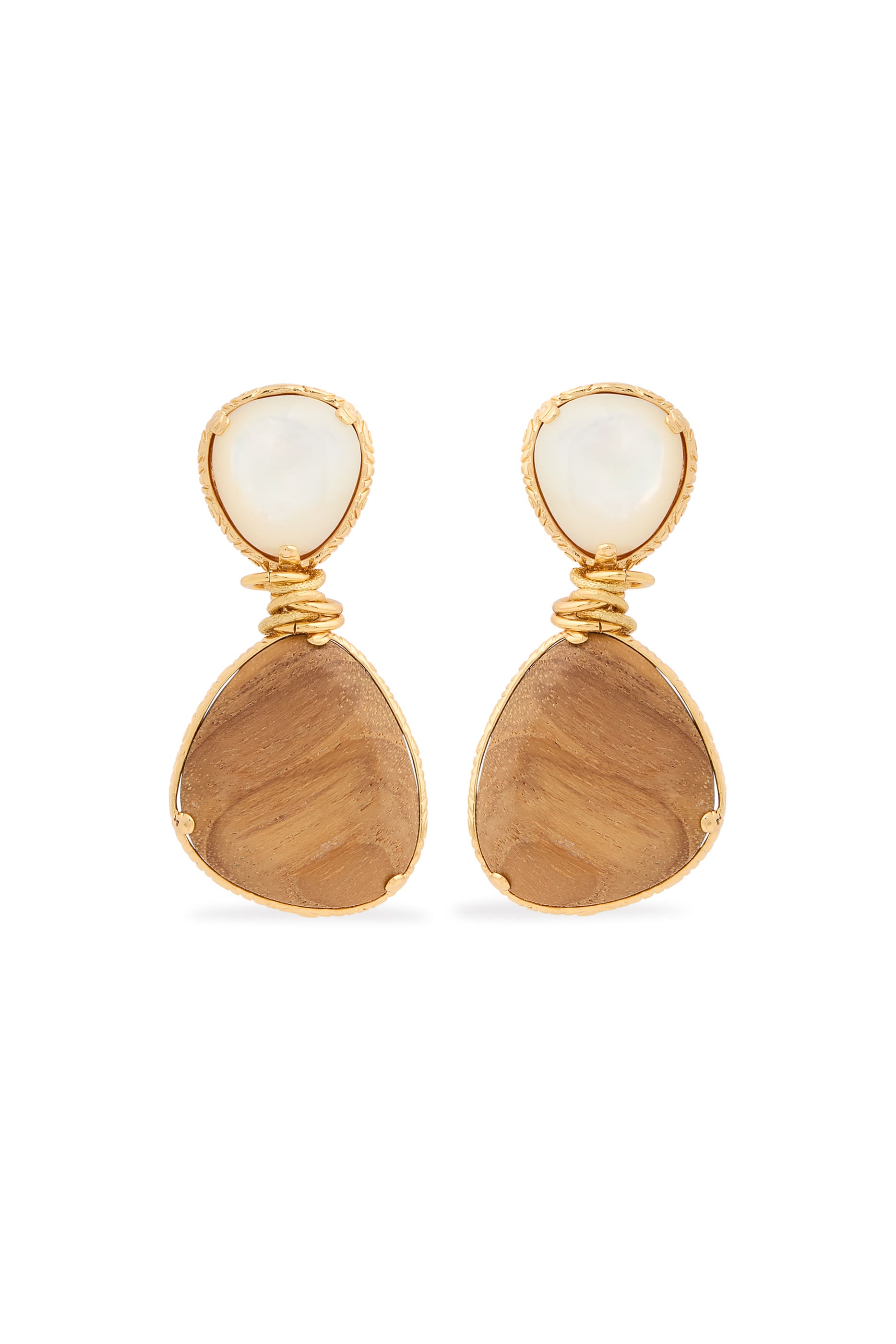Silia Earrings, Gold-Plated Brass, Wood & White Mother-of-Pearl