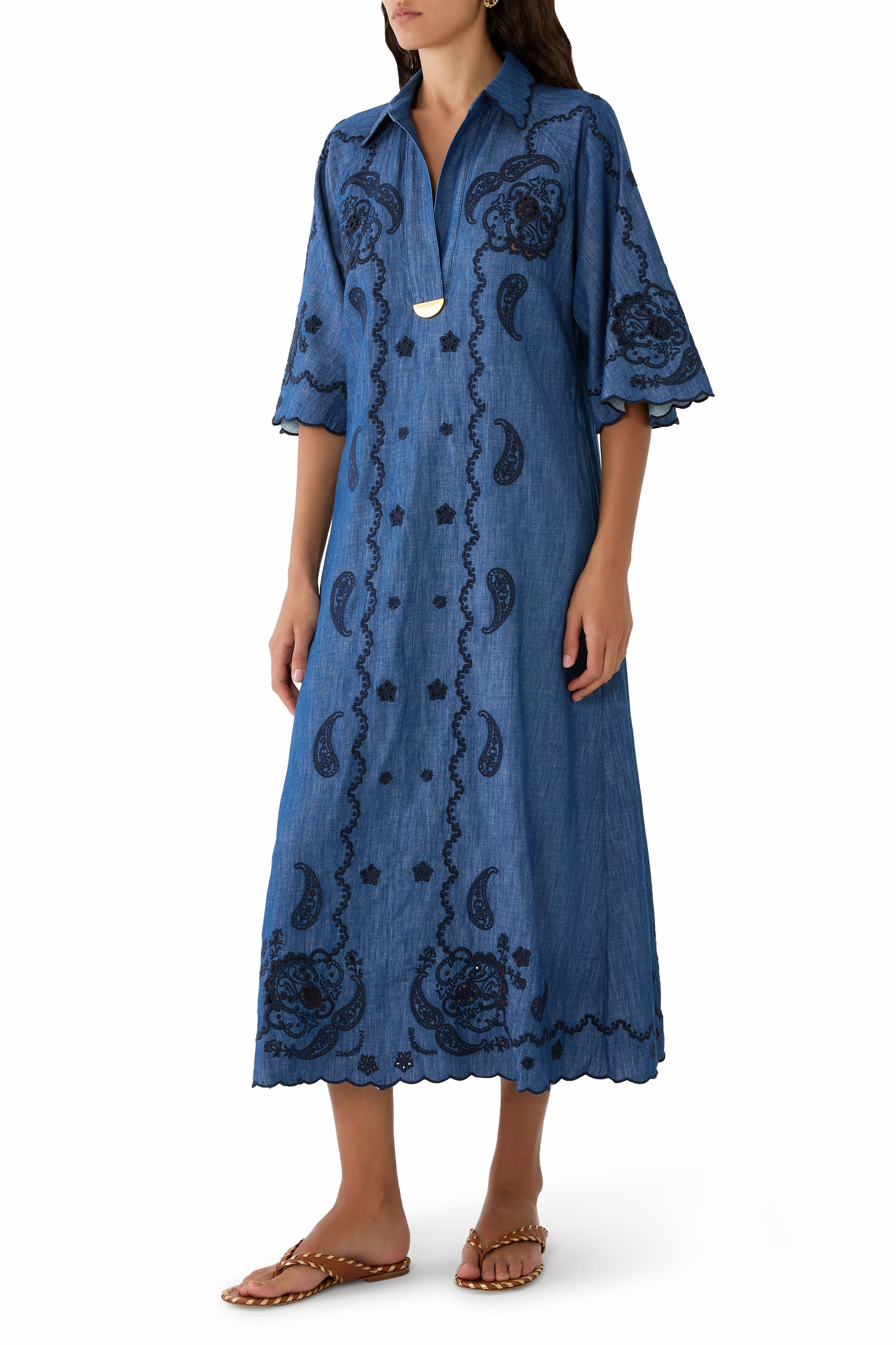 Aster Embroidered Denim Midi Dress 