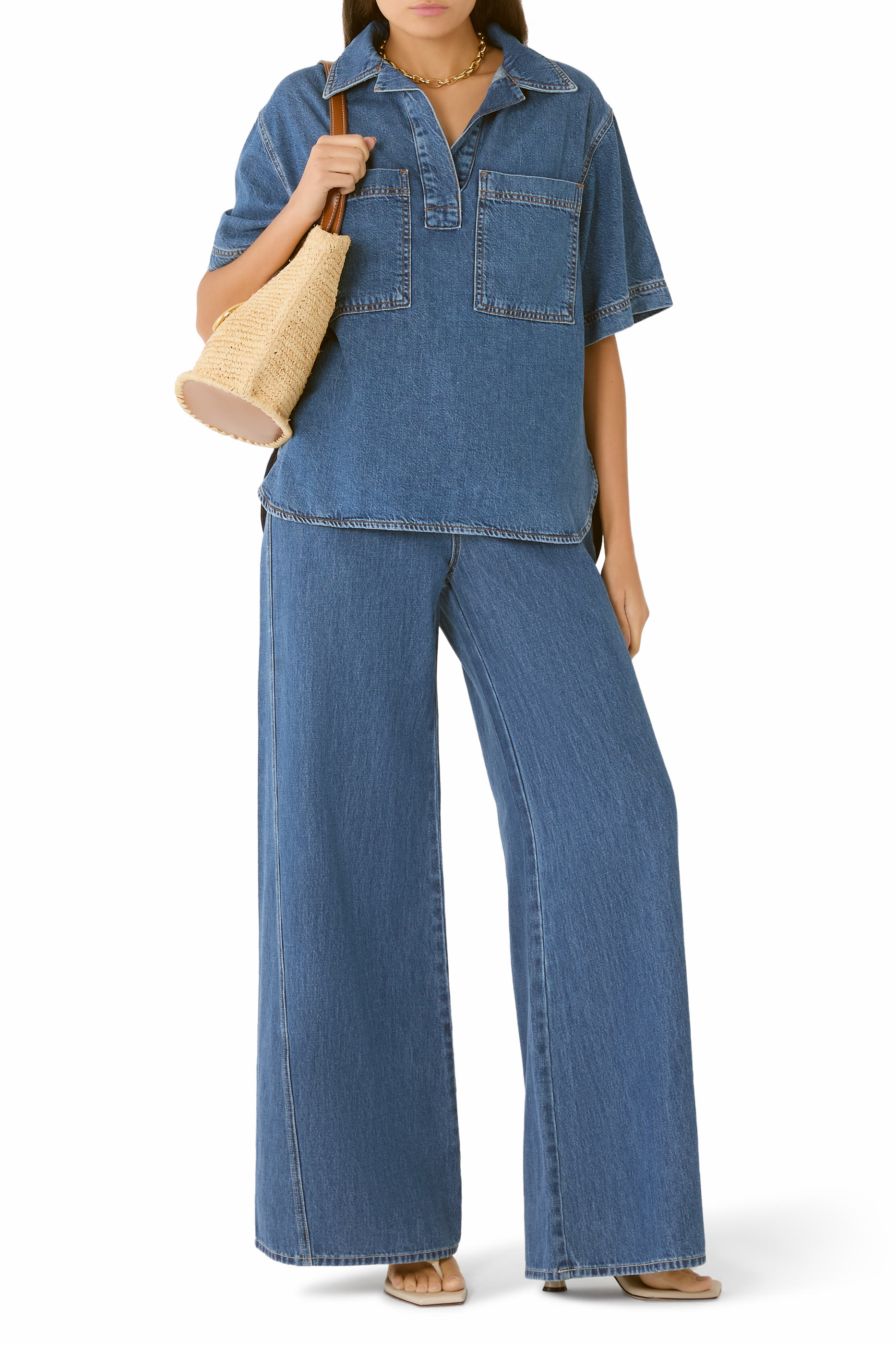 High-Low Short-Sleeve Denim Shirt