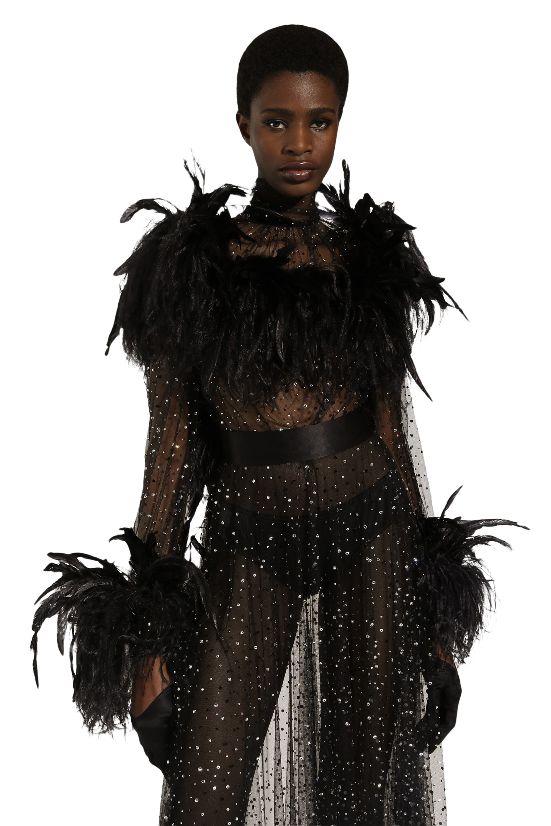 Calf-Length Stretch Tulle Dress with Fusible Rhinestones and Rooster and Ostrich Feather Embellishment