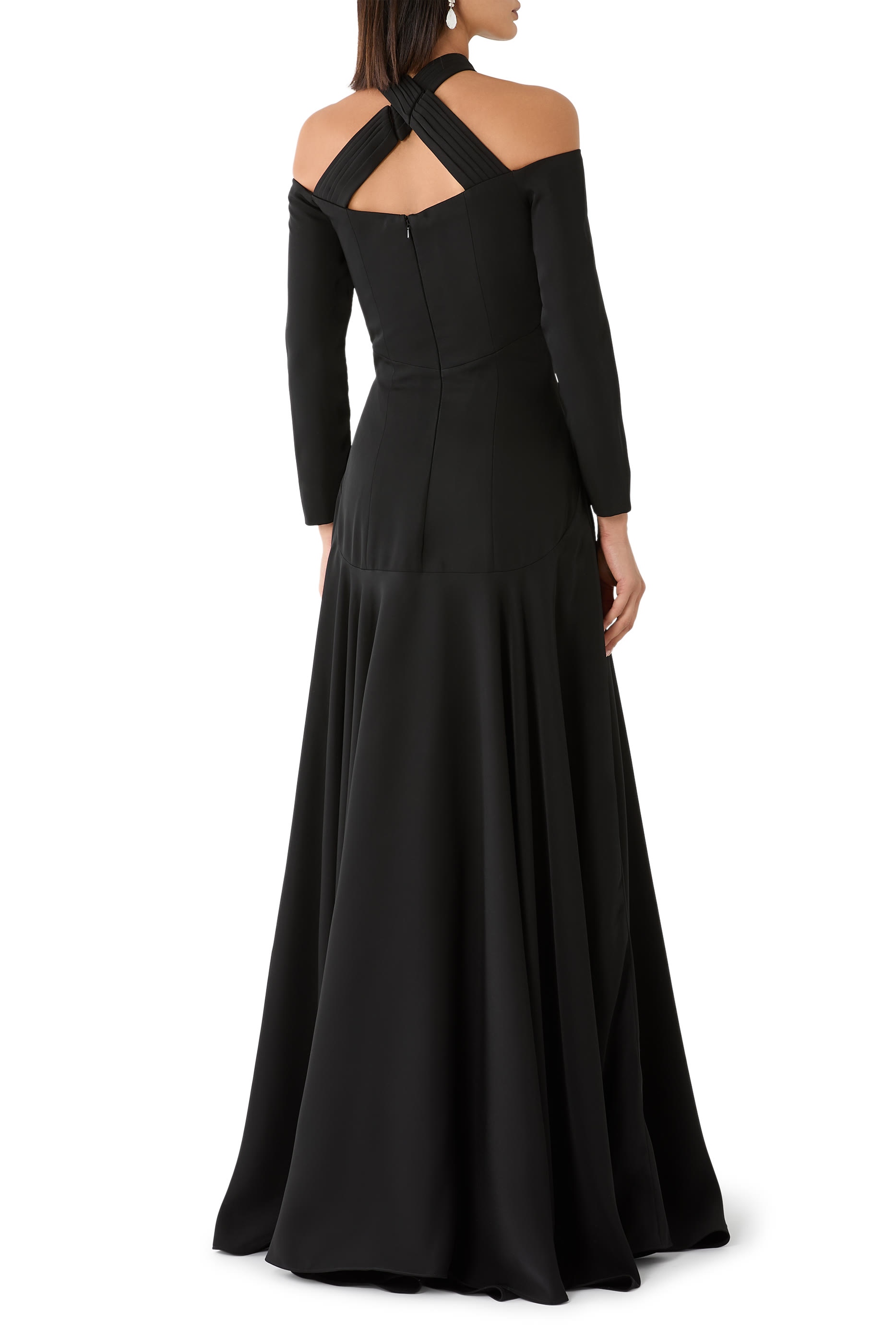 Off-Shoulder Criss-Cross Halter Ballgown