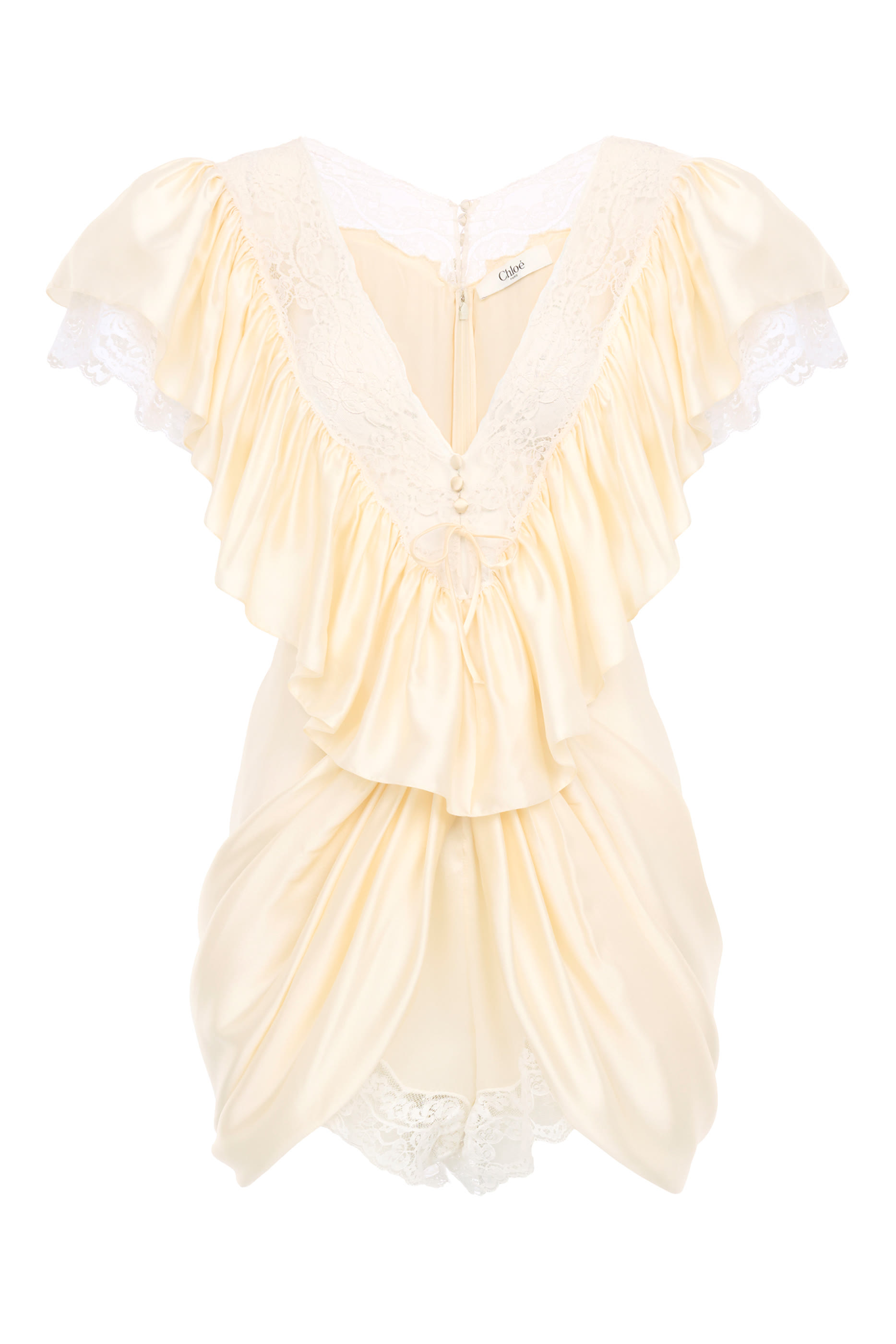 V-Neck Short Jumpsuit in Washed Silk Satin & Lace 