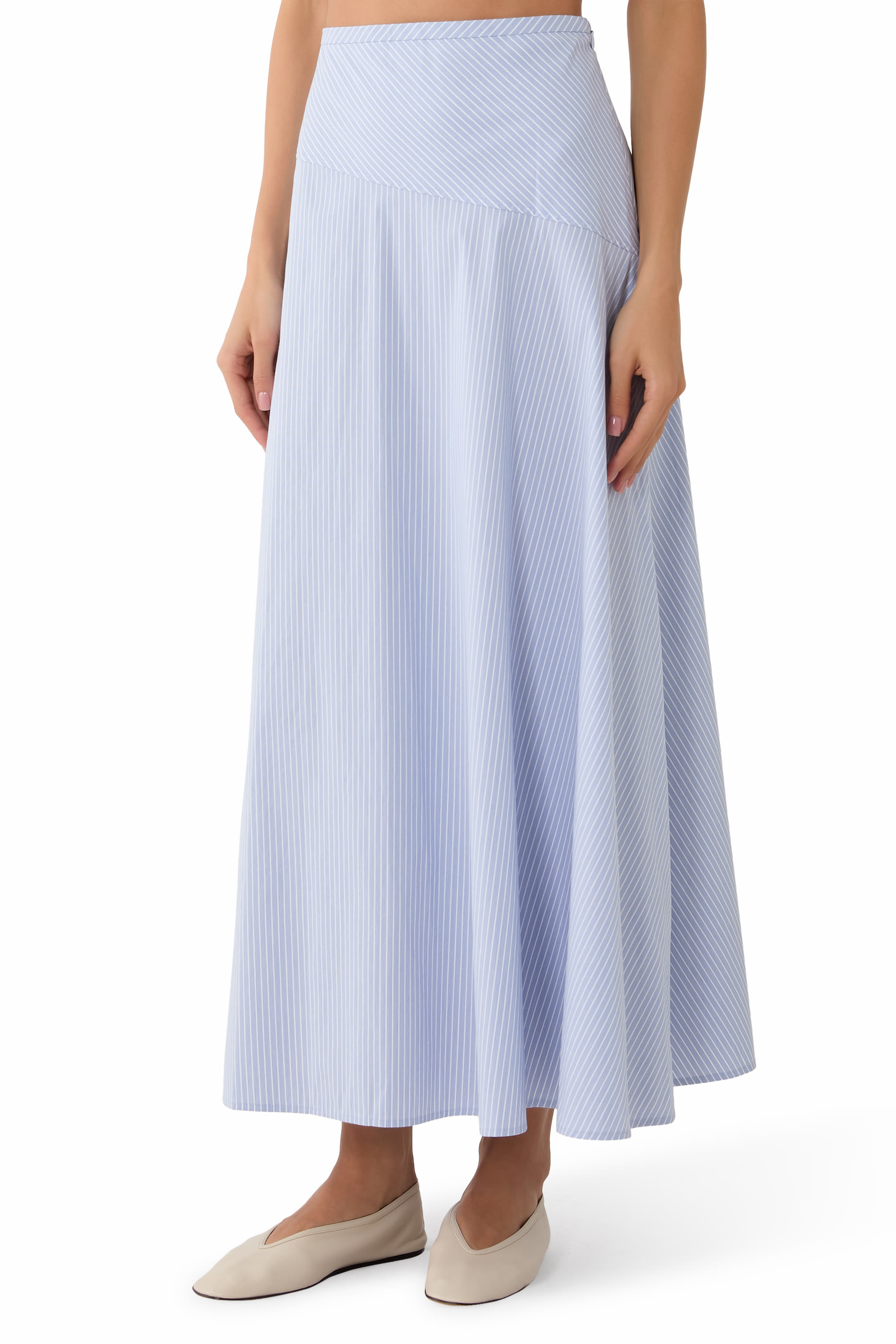 Angled Yoke Skirt in Striped Cotton-Blend 