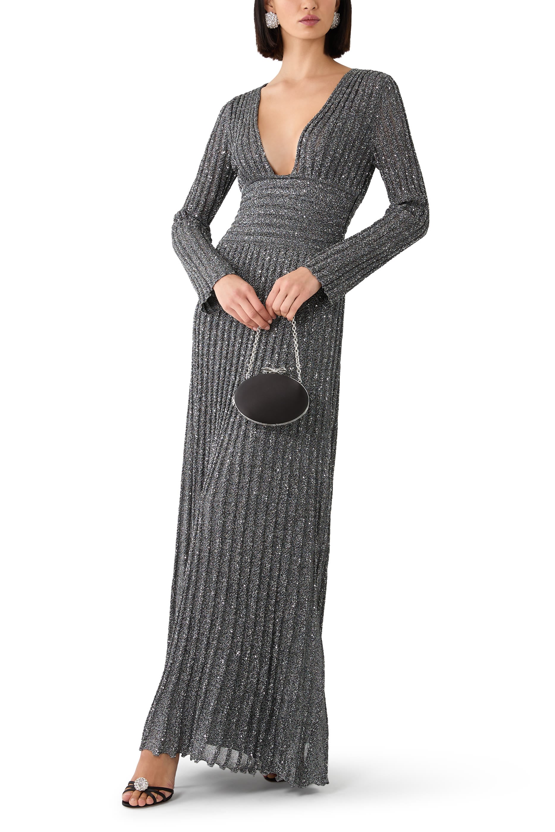  Partialized Long-Sleeve V-Neck Maxi Dress