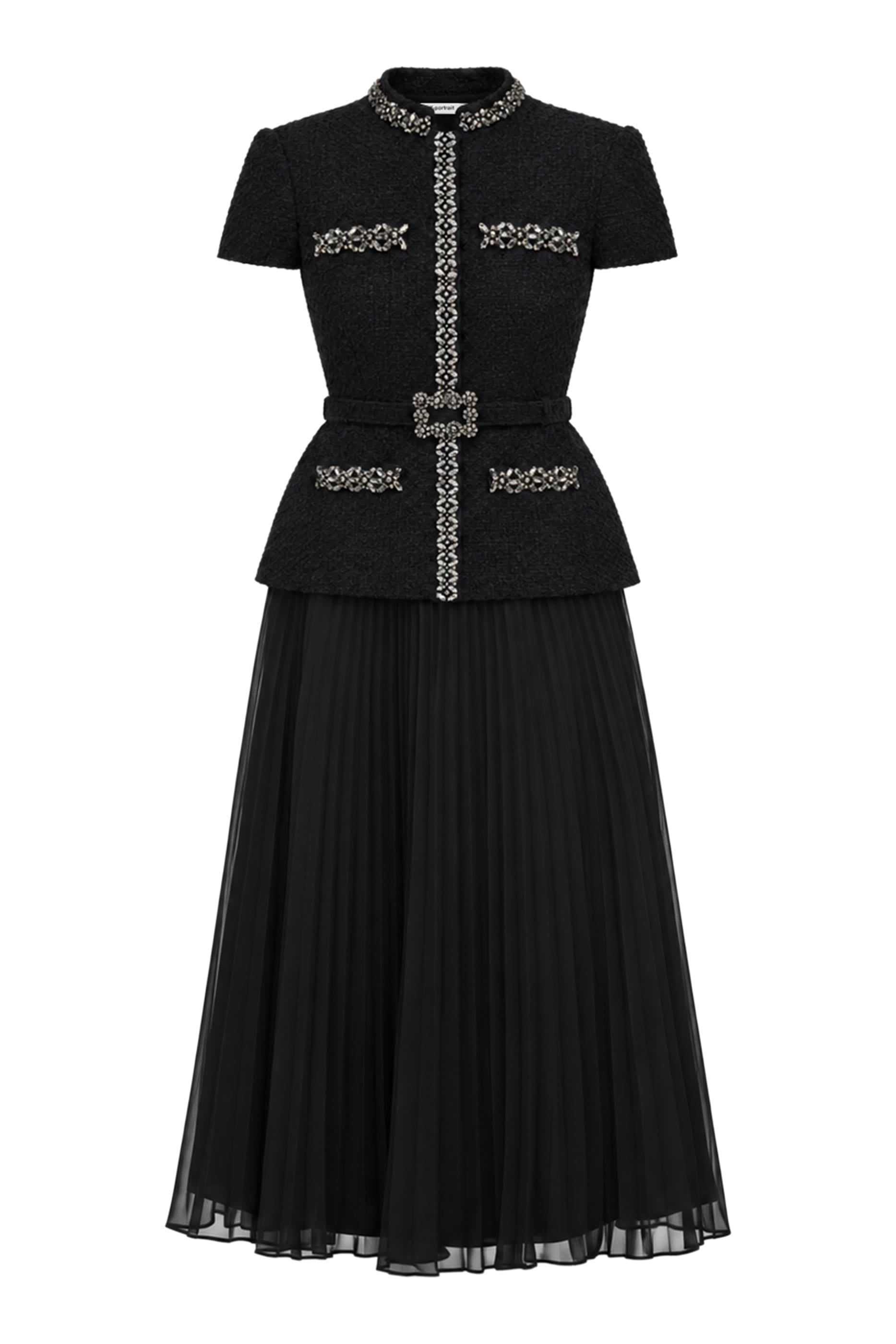 Boucle Crystal Trim Chiffon Midi Dress