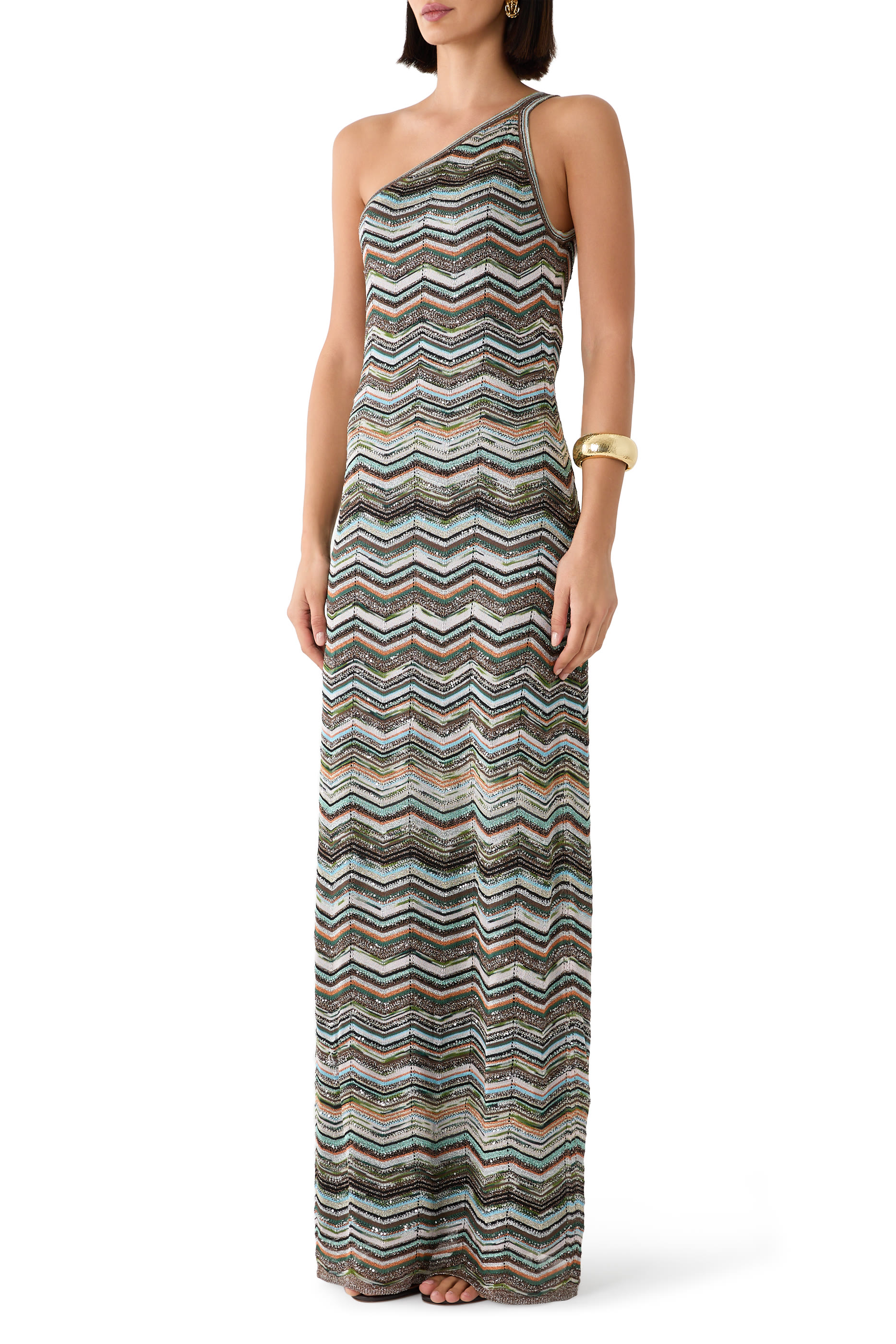  Chevron Sequinned One Shoulder Maxi Dress