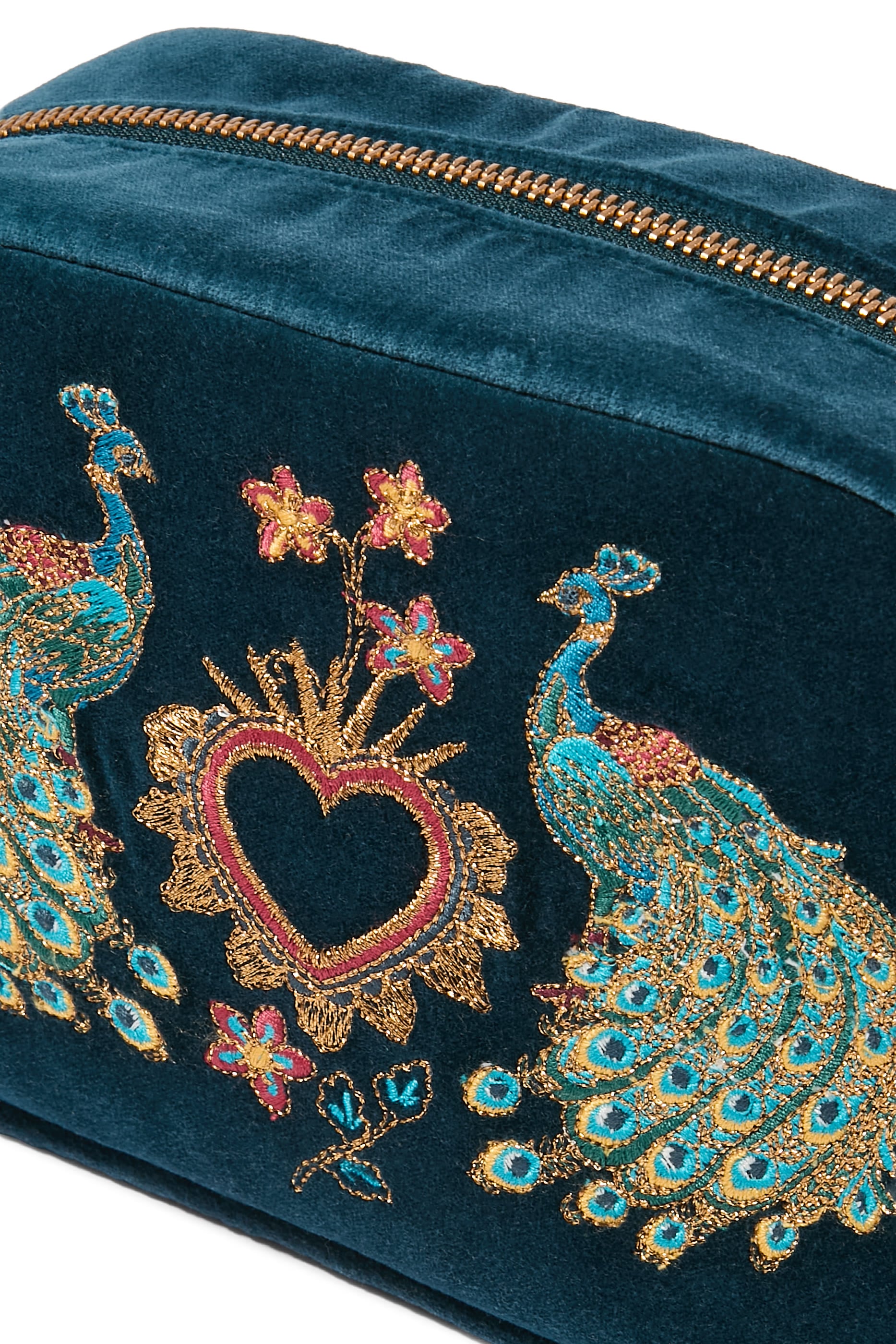 Peacock Floral Velvet Makeup Bag