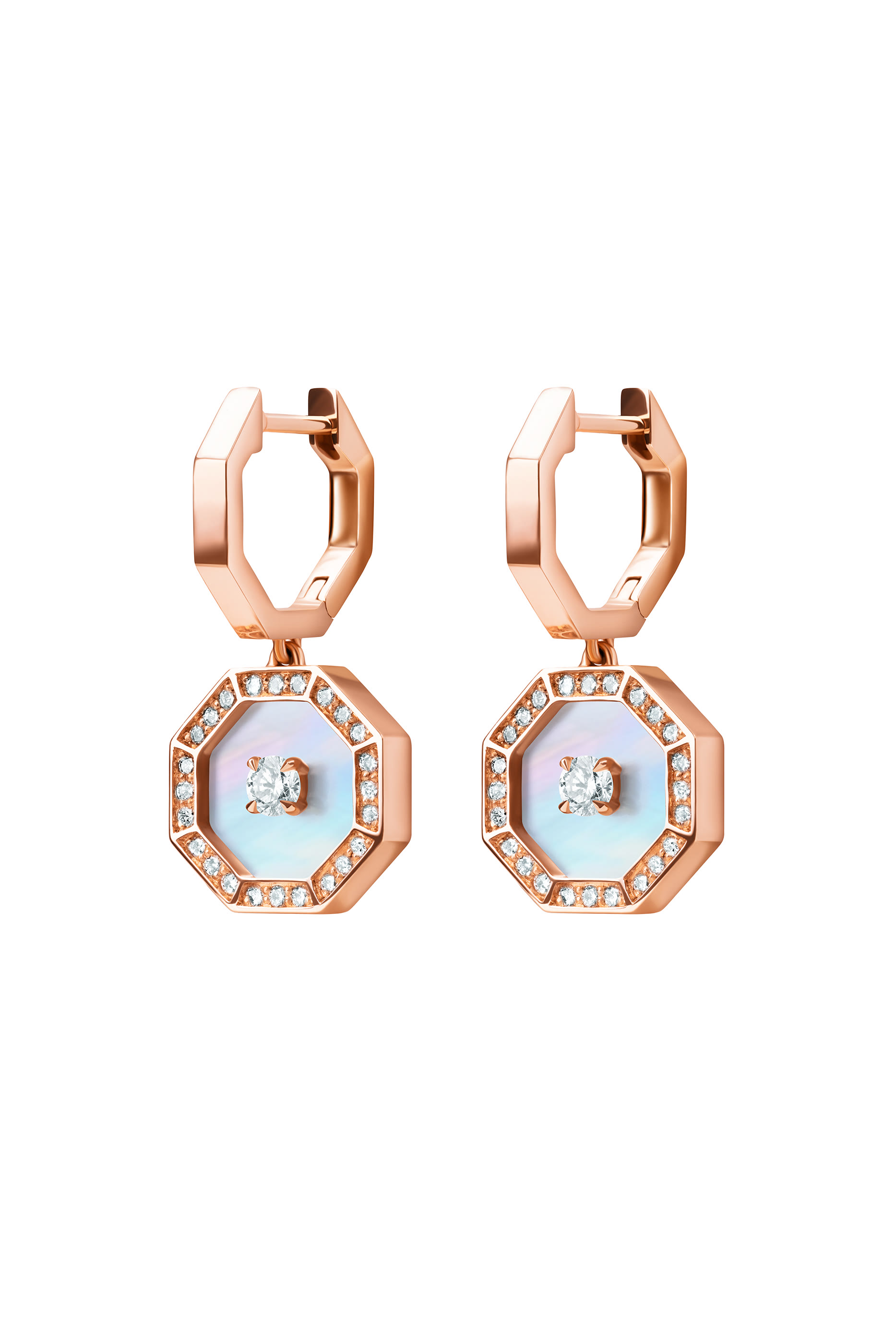Ahjar Birwaz Dangling Hoop Earrings, 18K Rose Gold with Diamonds & Mother of Pearl