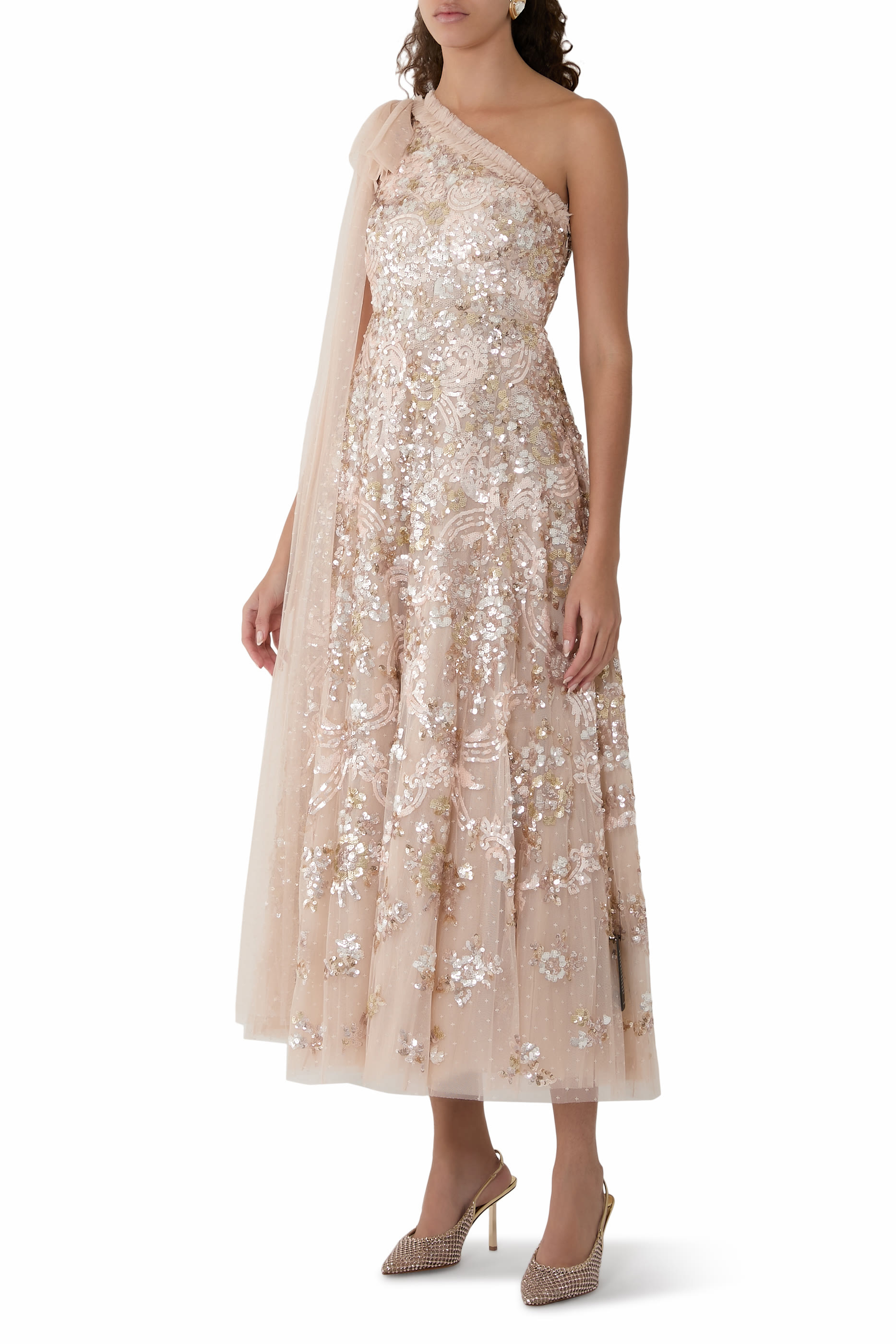 Baroque Floral One-Shoulder Bow Ankle Gown