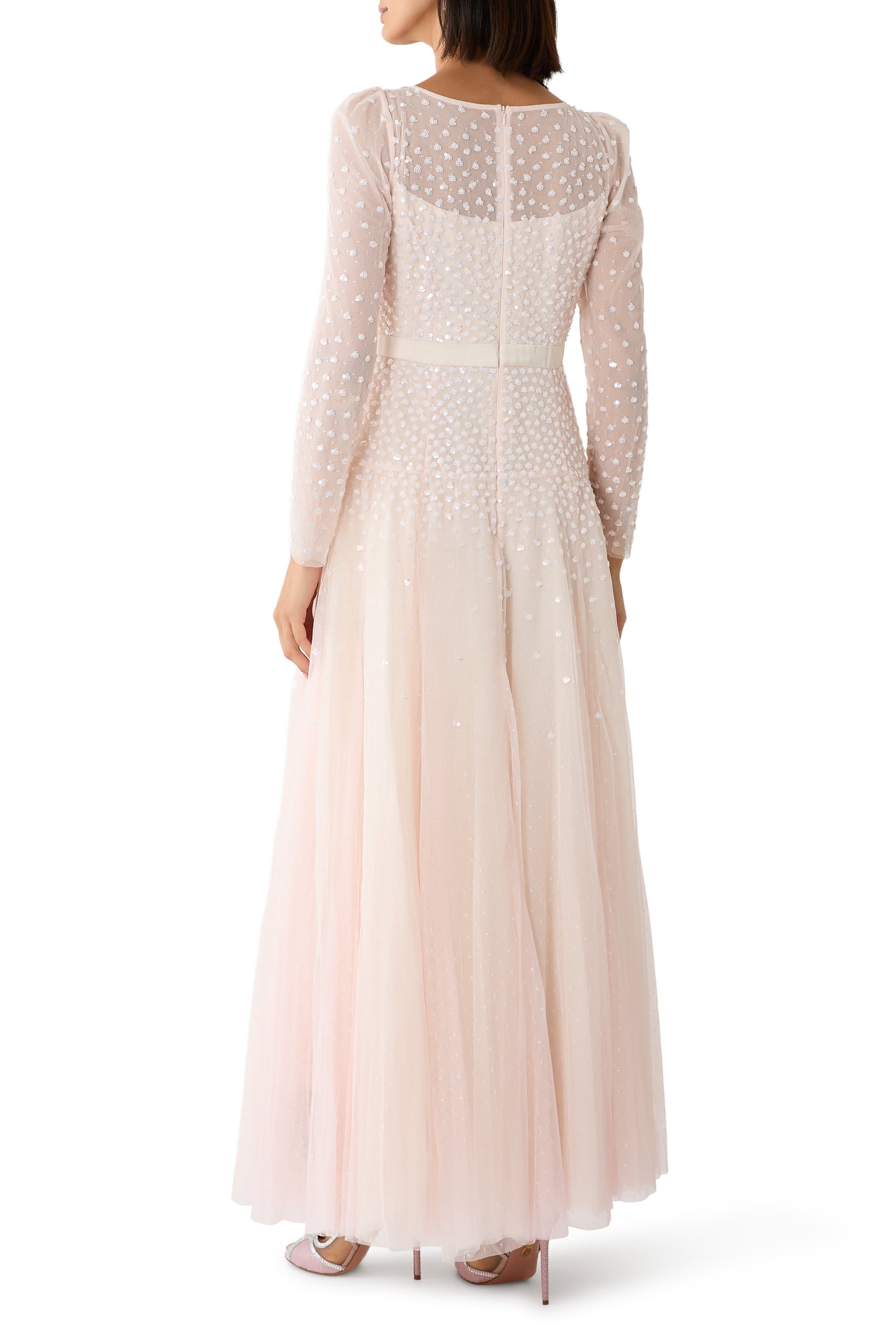 Sequin Cascade Bow Long Sleeves Gown