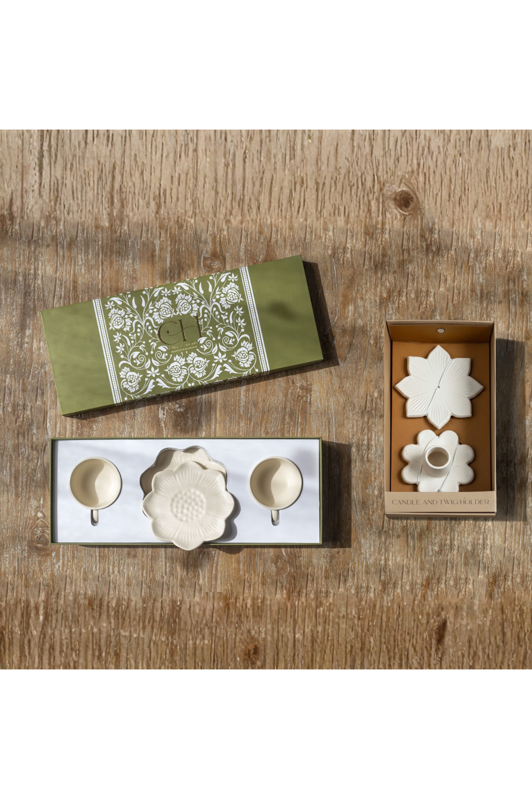 Bloom & Glow Gift Set - Flower Teacup and Candle and Twig Holder Set 