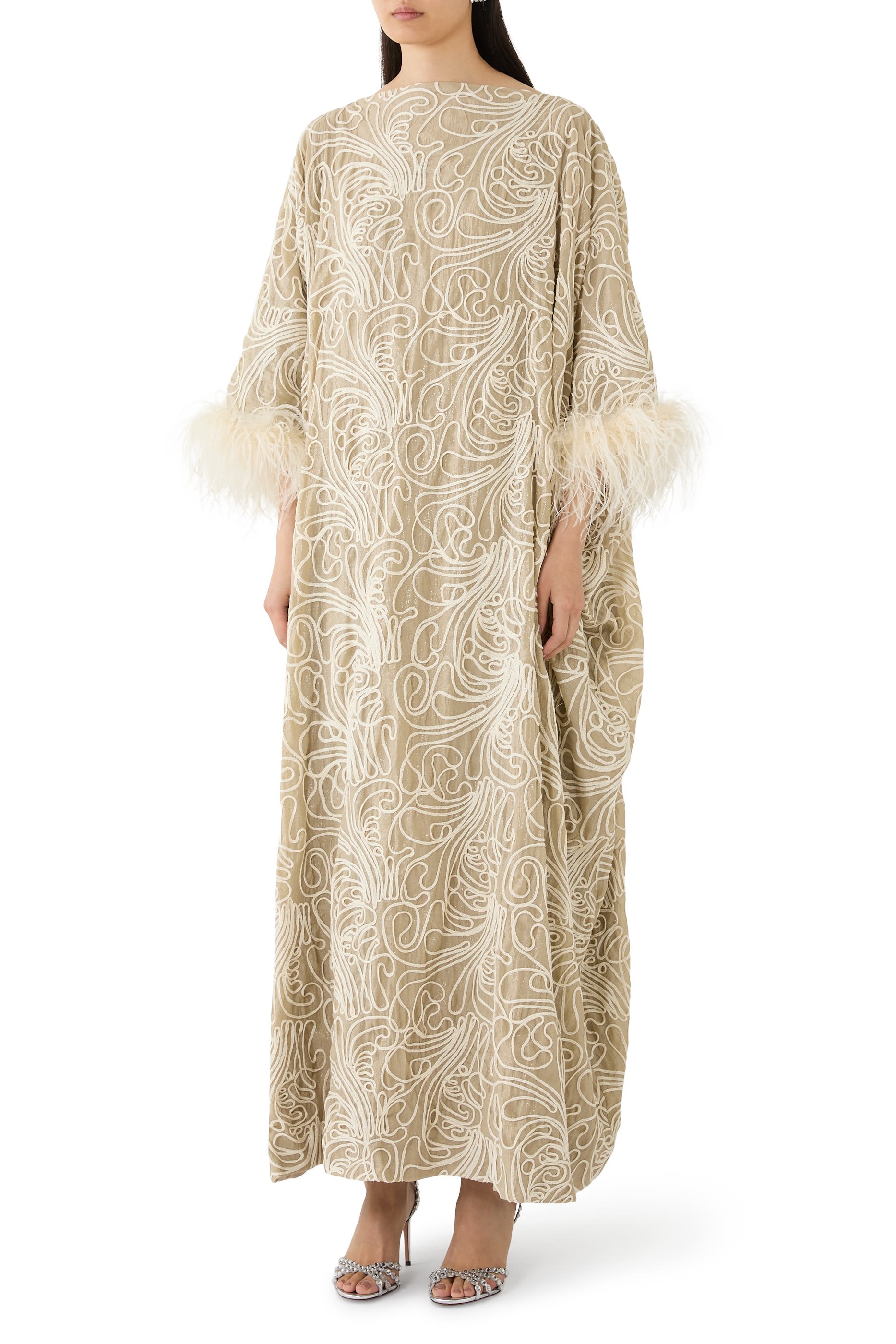 Abstract Embroidery Cocoon Dress with Feathers