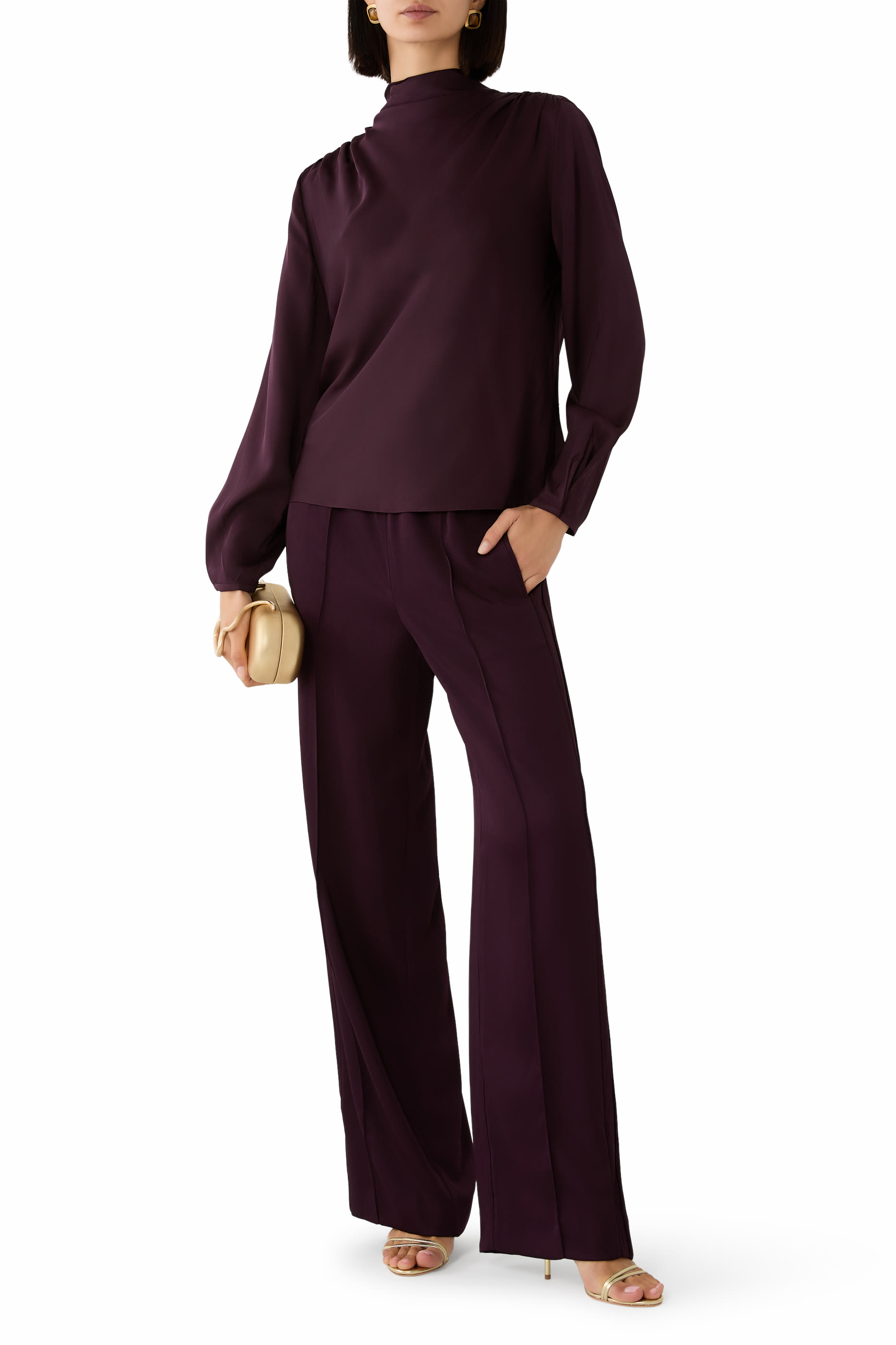 Draped Cowl-Neck Long-Sleeve Top