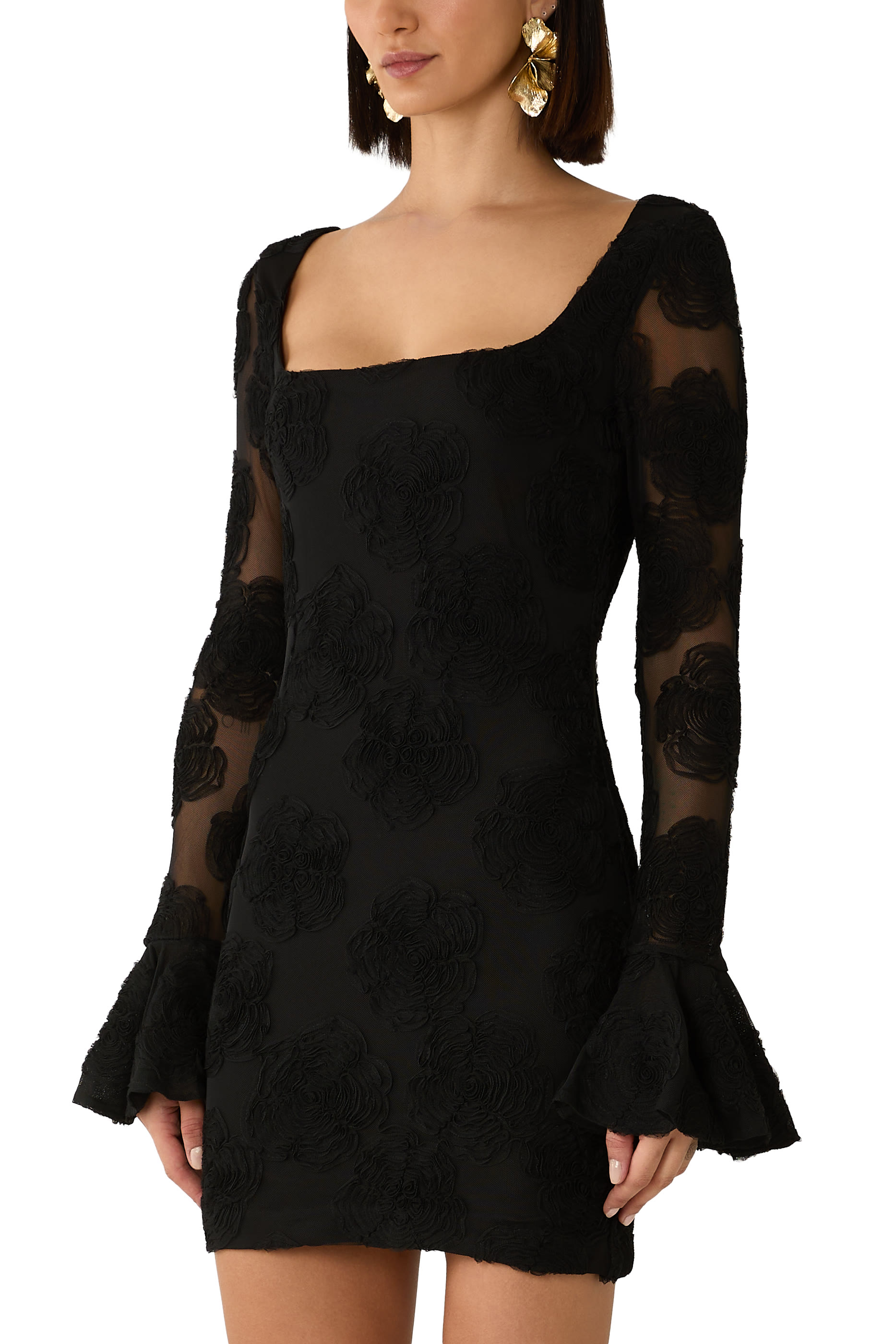 Flower Mesh Long Sleeves Mini Dress