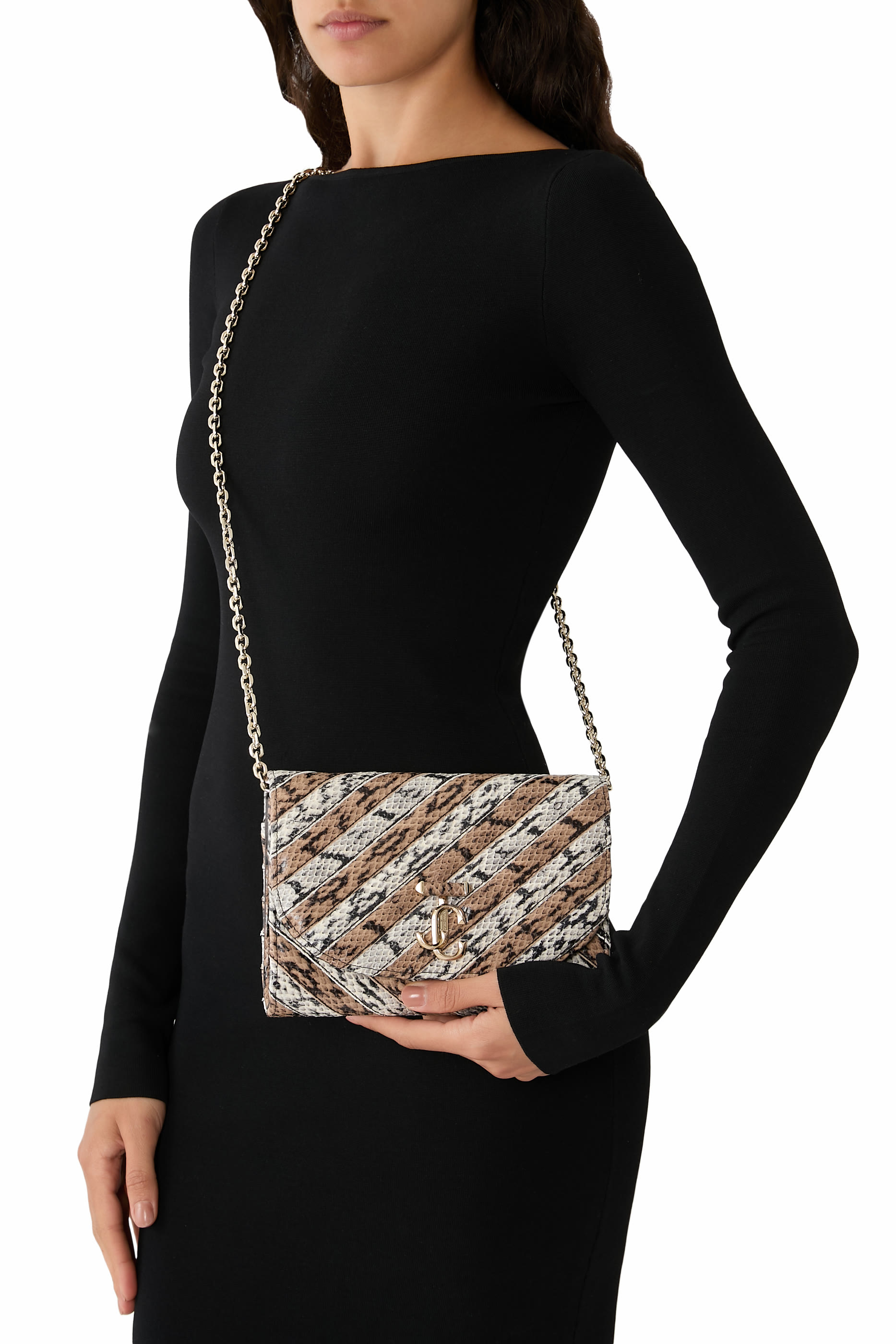 Curve Quilted Metallic Leather Clutch with Chain