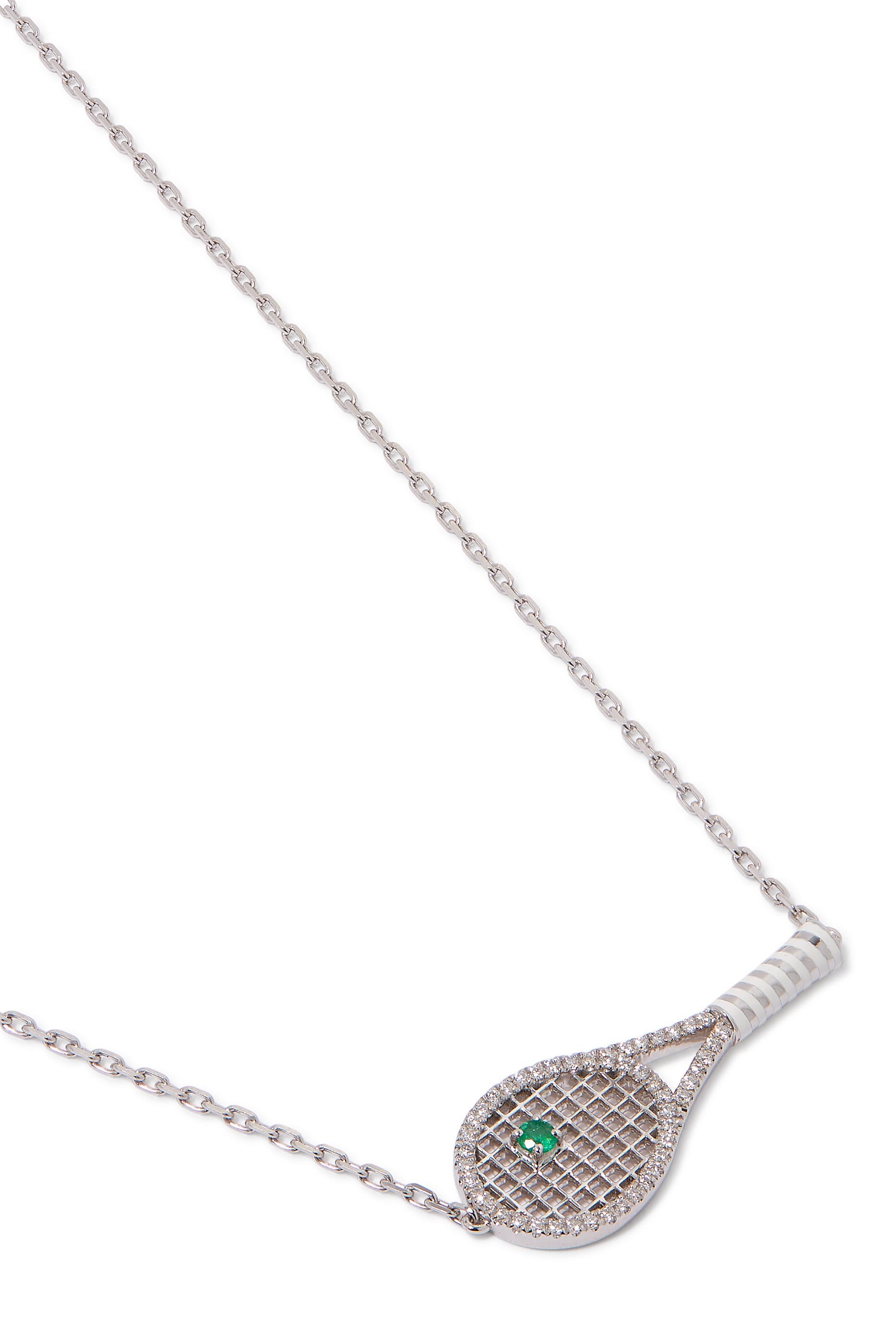 Tennis Racket Necklace, 18K White Gold with Diamonds, Emerald and White Enamel