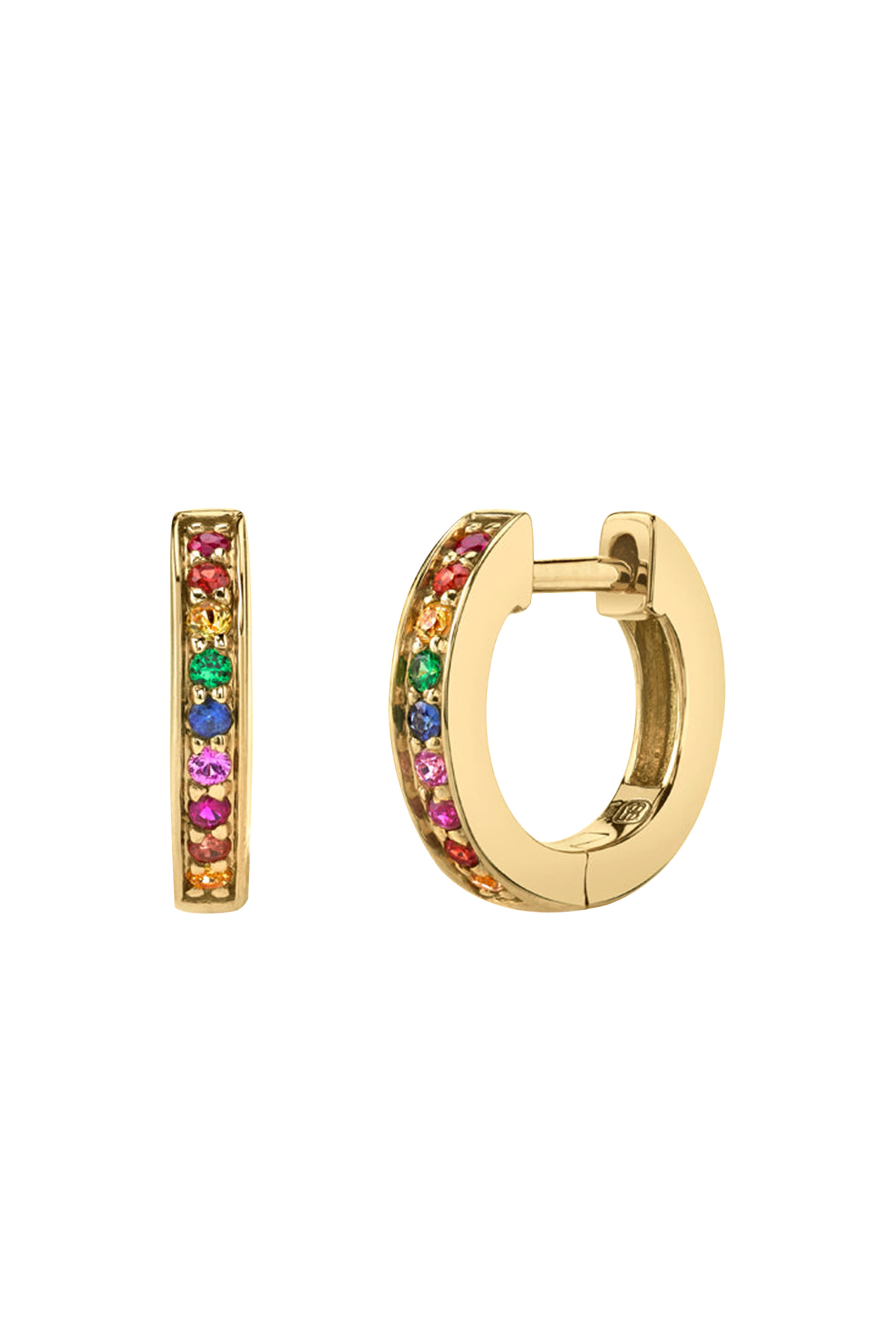 Kids Bar Huggie Hoop Earrings, 14k Yellow Gold & Rubies, Emerald, Sapphire