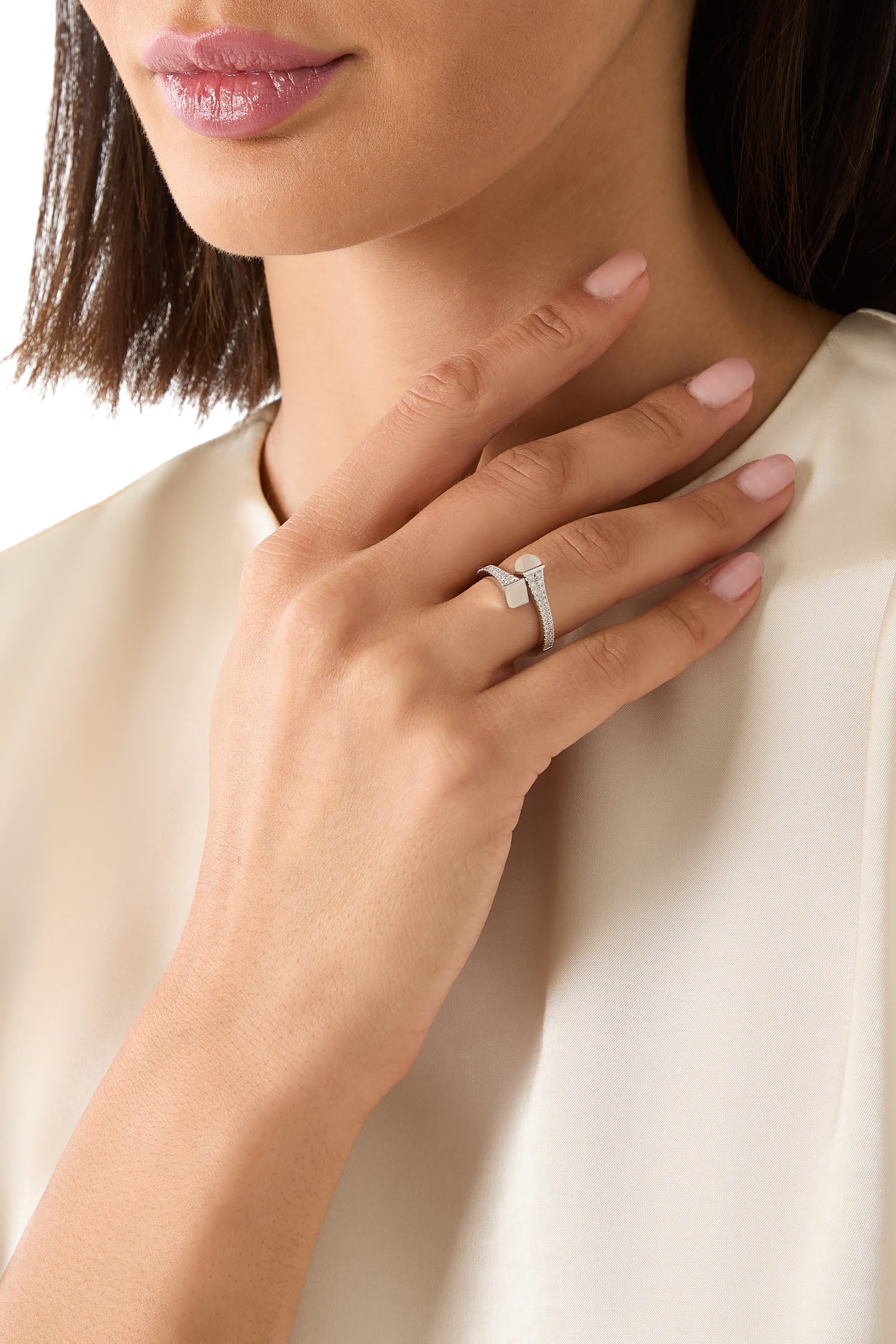 Cleo Diamond Slim Ring, 18K White Gold, Diamonds & Moonstone