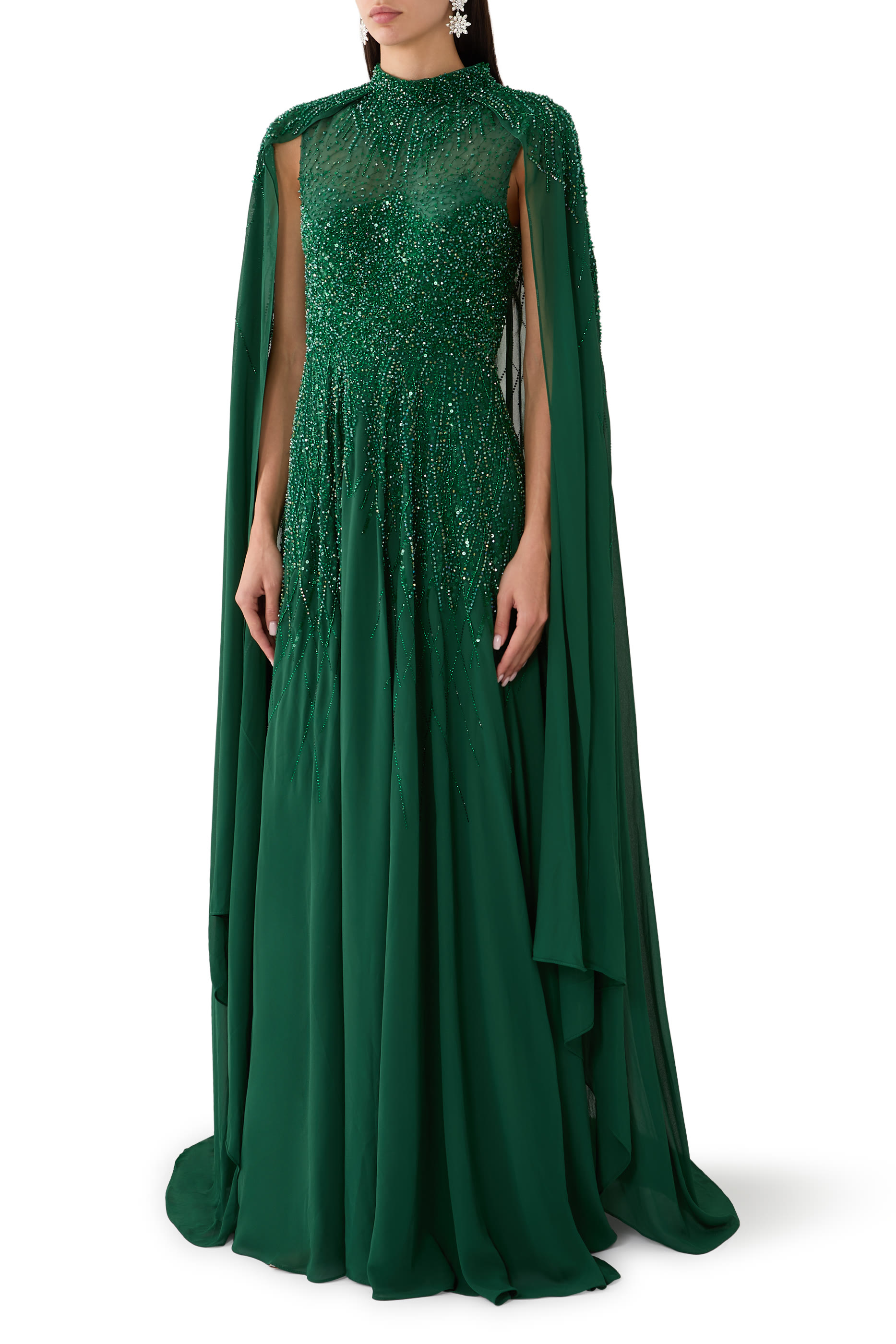 Beaded High Neck Cape A-Line Chiffon Gown