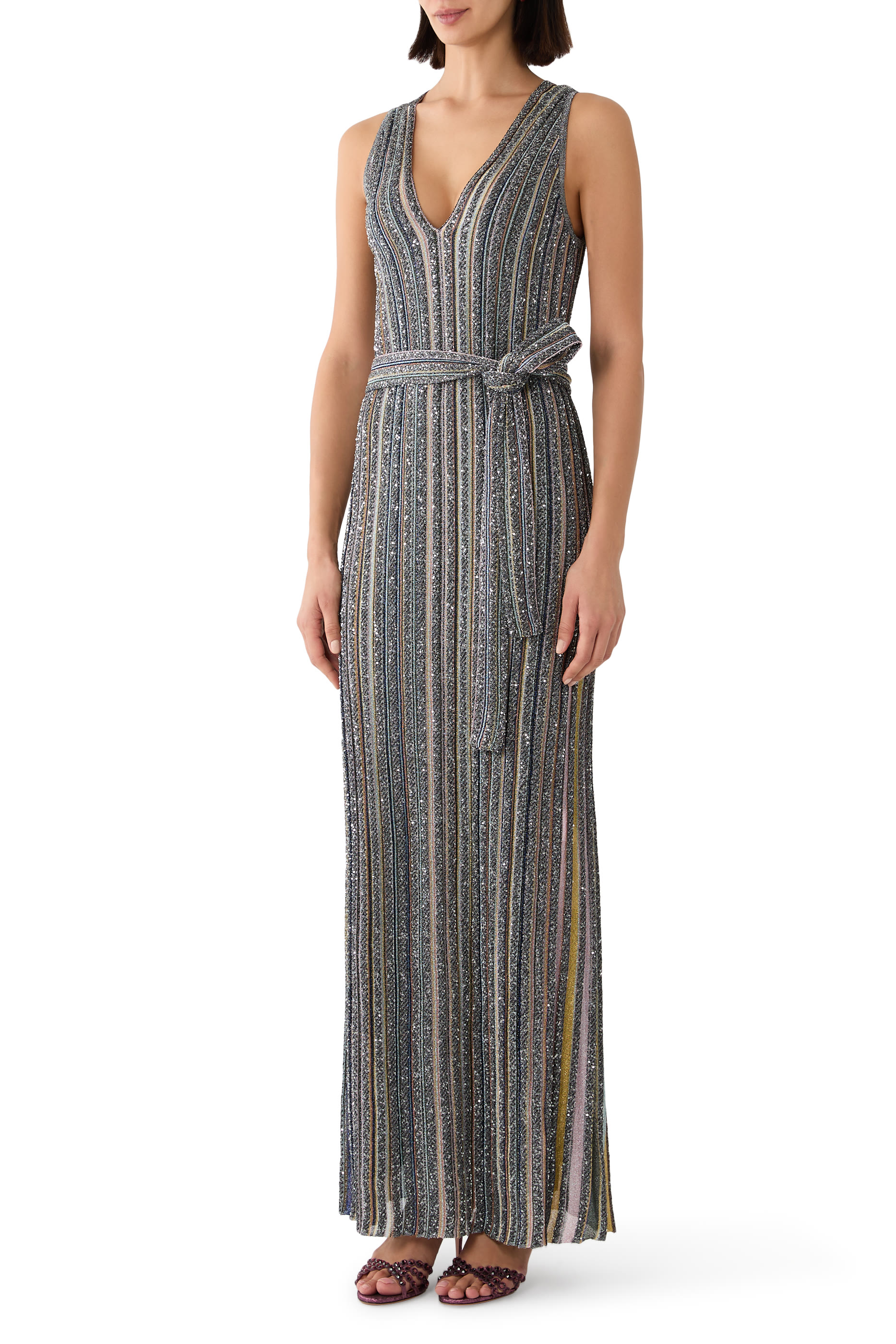 Partialized V-Neck Belted Maxi Dress