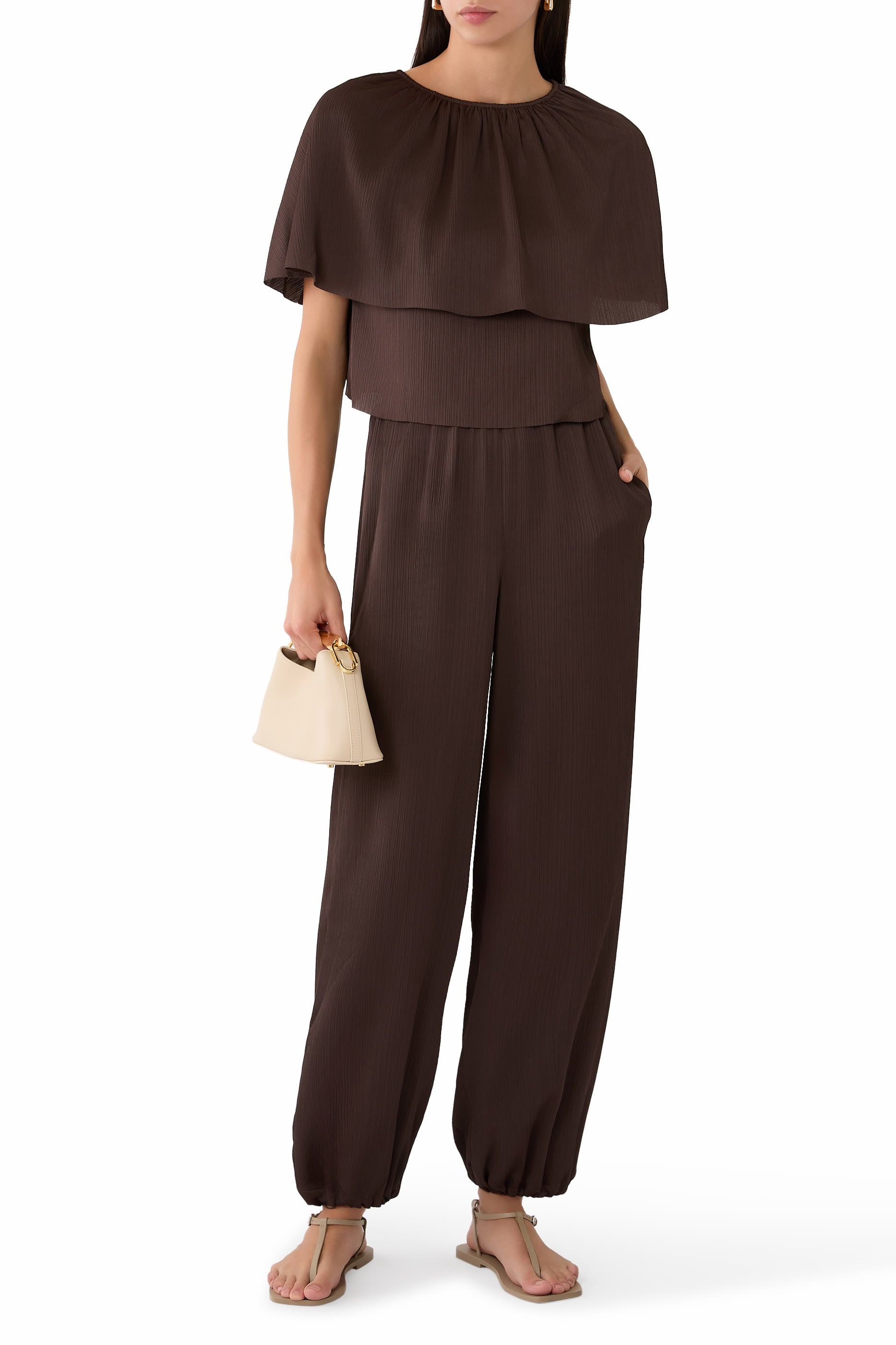 Mid-Rise Plissé Drawcord-Hem Pants 