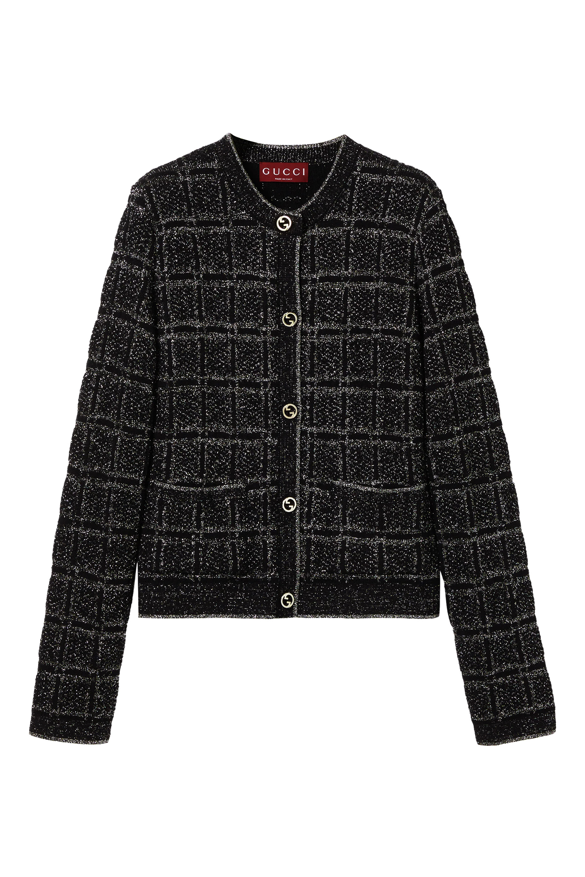 Wool and Lamé Check Jacquard Cardigan