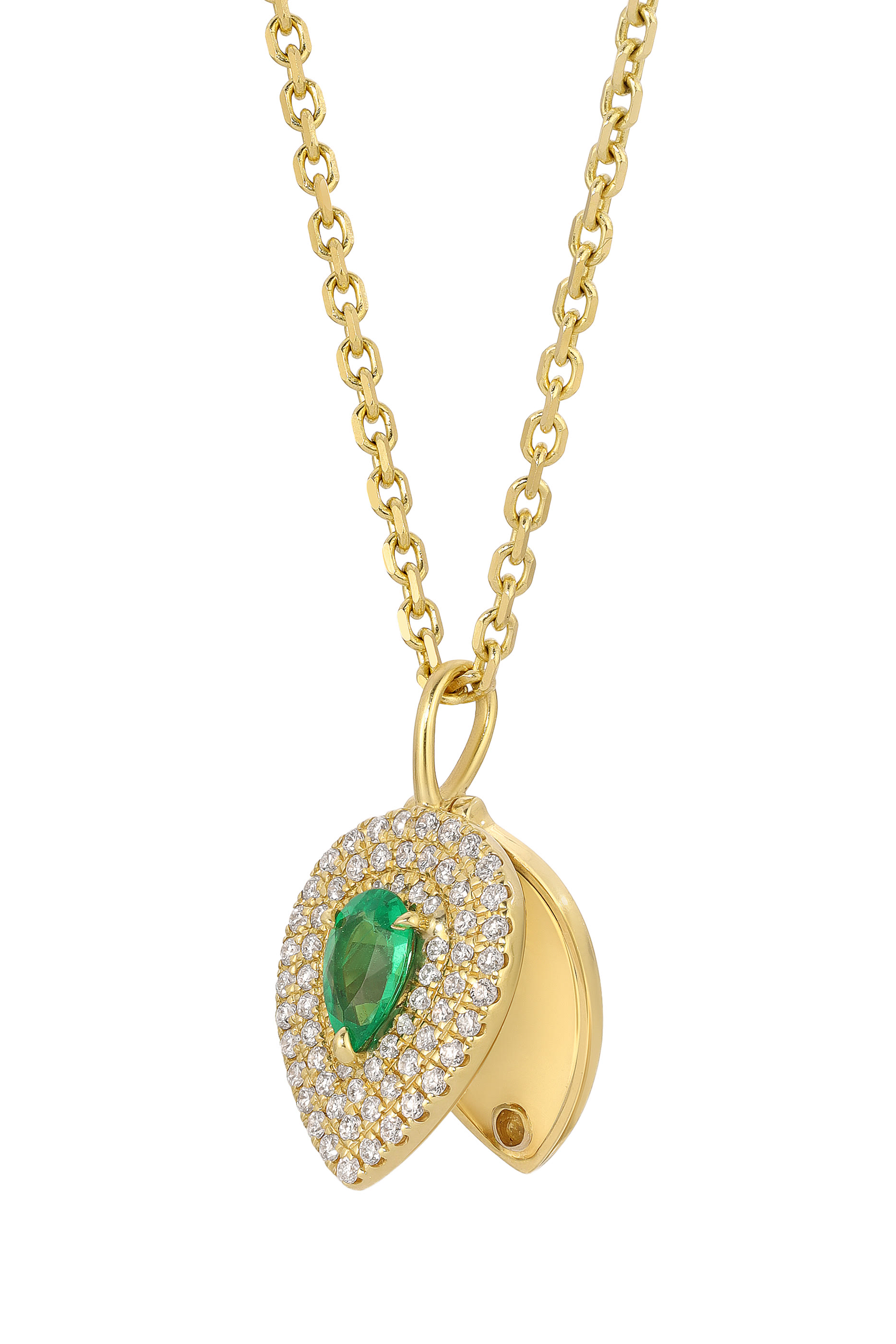 Pear-Shaped Loulou Locket, 18k Yellow Gold, Diamonds & Emerald
