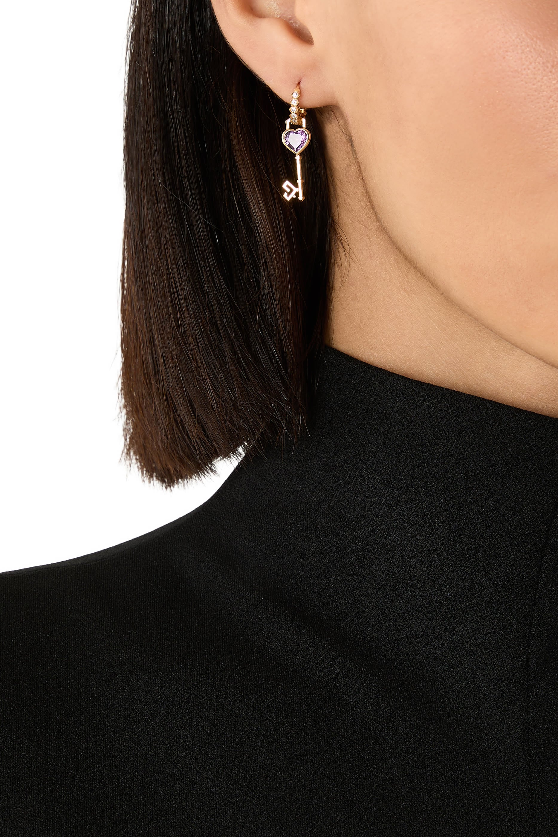 Key of Love Hoop Earring, 18k Yellow Gold with Amethyst & Diamonds