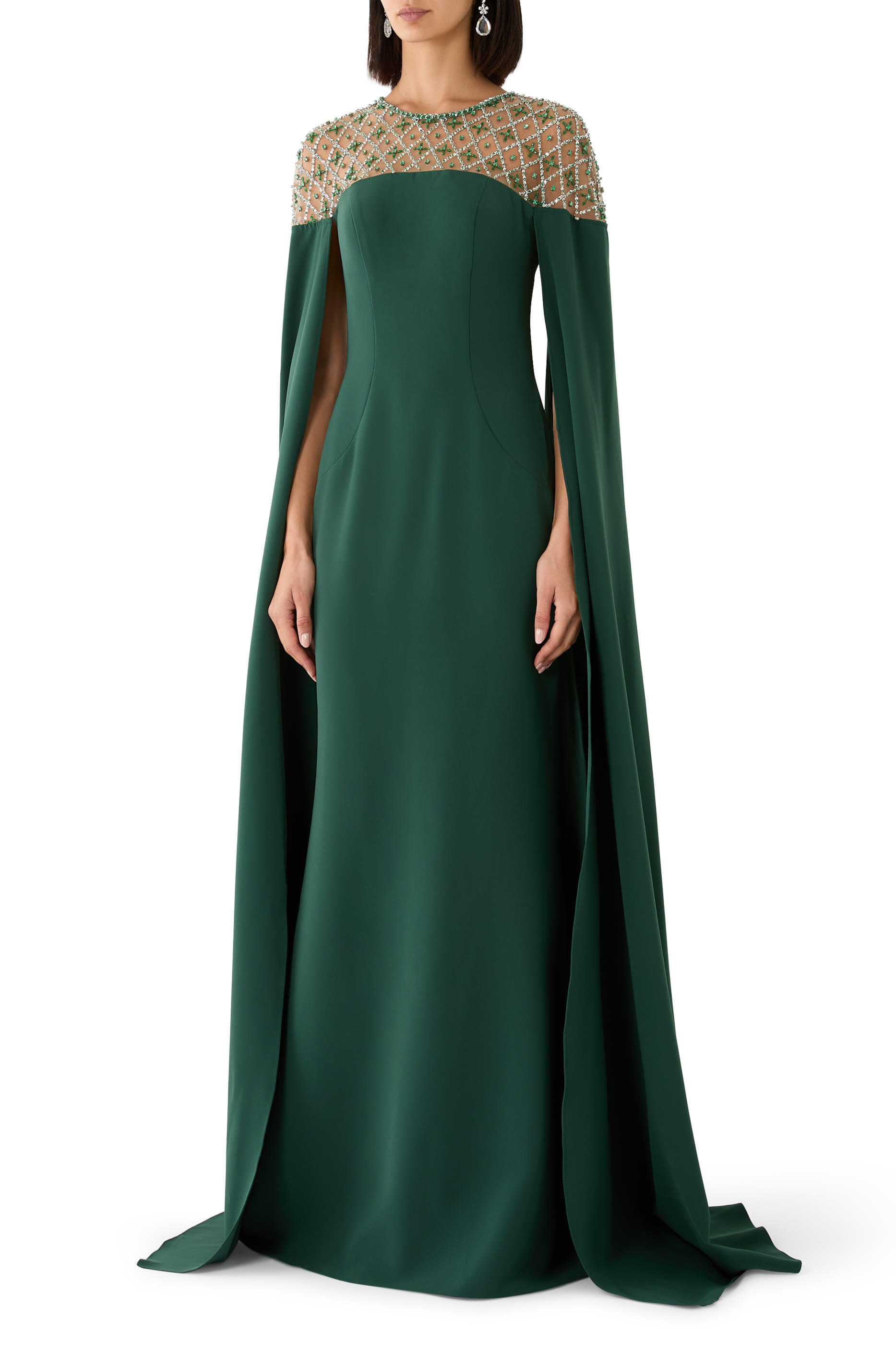 Beaded Cape Sleeve Evening Gown