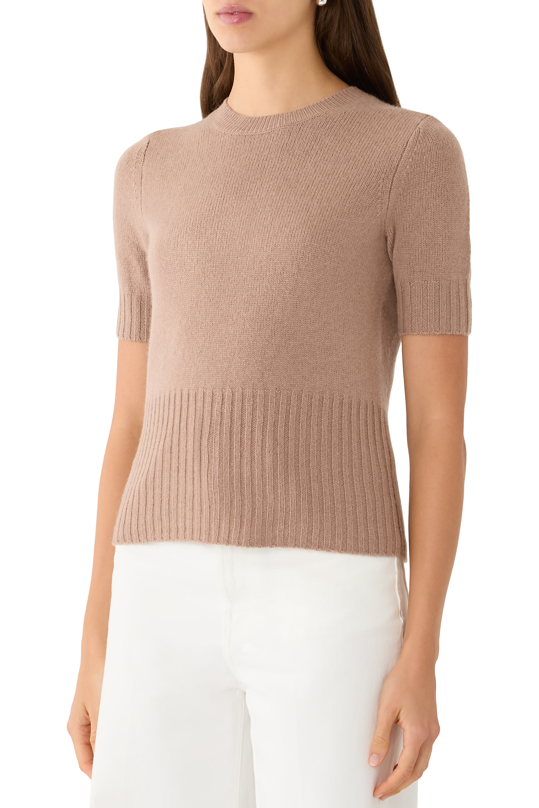  Wool-Cashmere High-Rib Short-Sleeve Sweater 