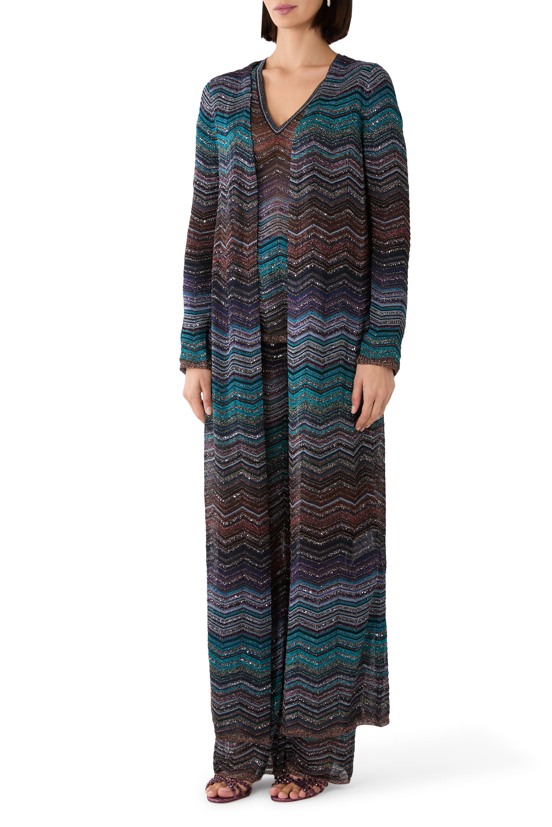 Chevron Pattern Sequin Long Cardigan