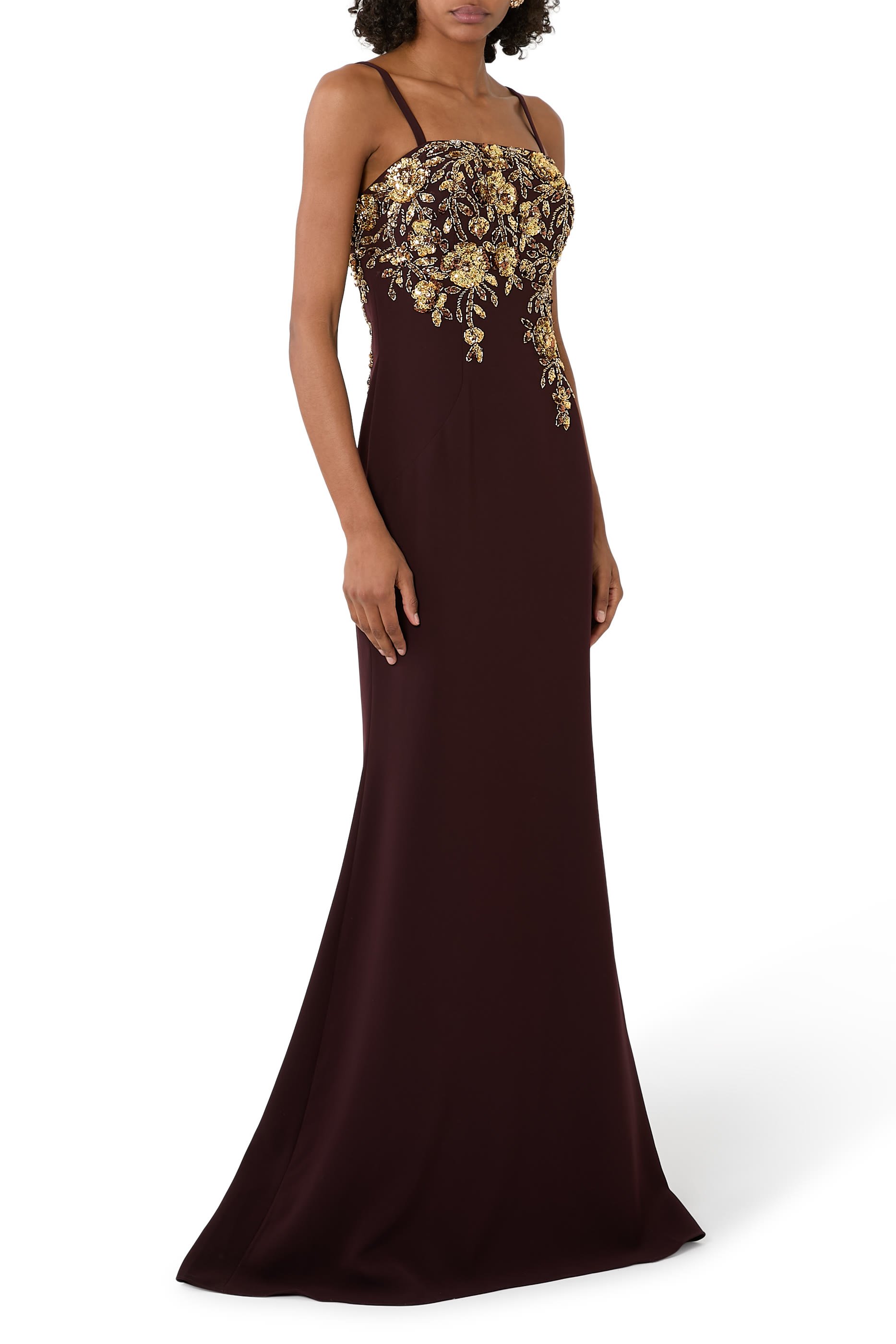 Embroidered Column Gown with Cape Sleeves