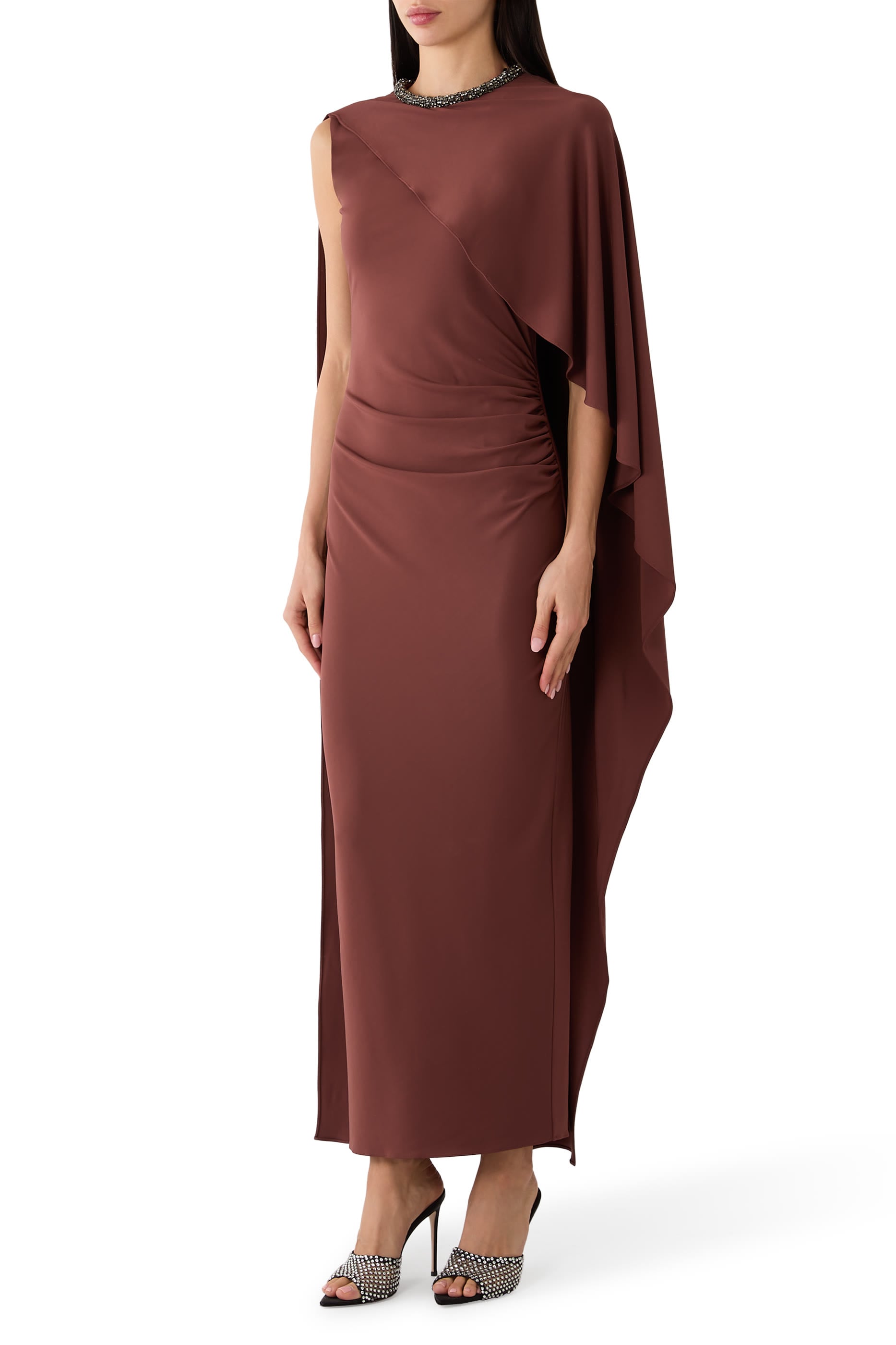 Crystal Neckline Asymetric Column Maxi Dress
