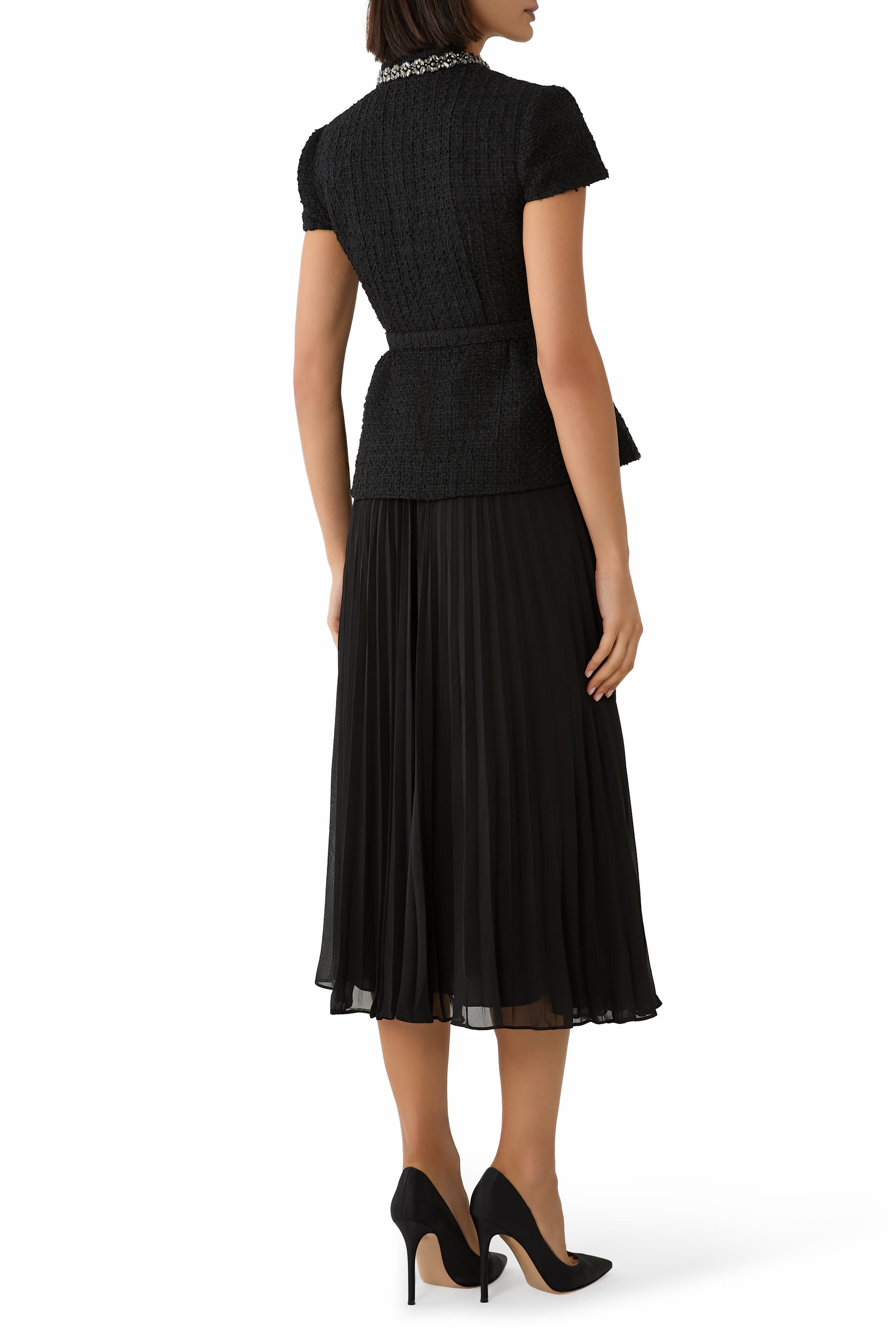 Boucle Crystal Trim Chiffon Midi Dress