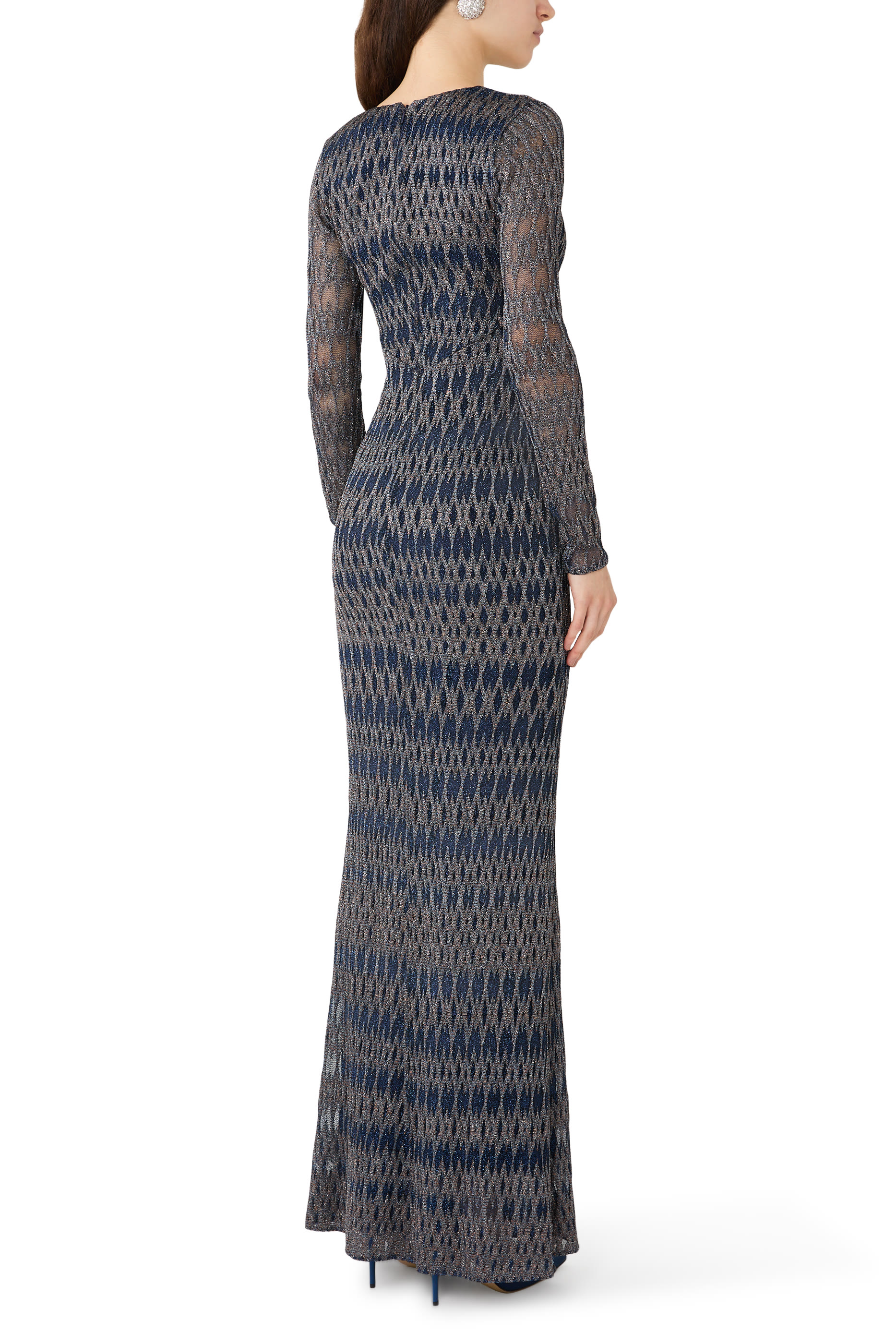 Diamond Raschel V-Neck Long Sleeve Maxi Dress