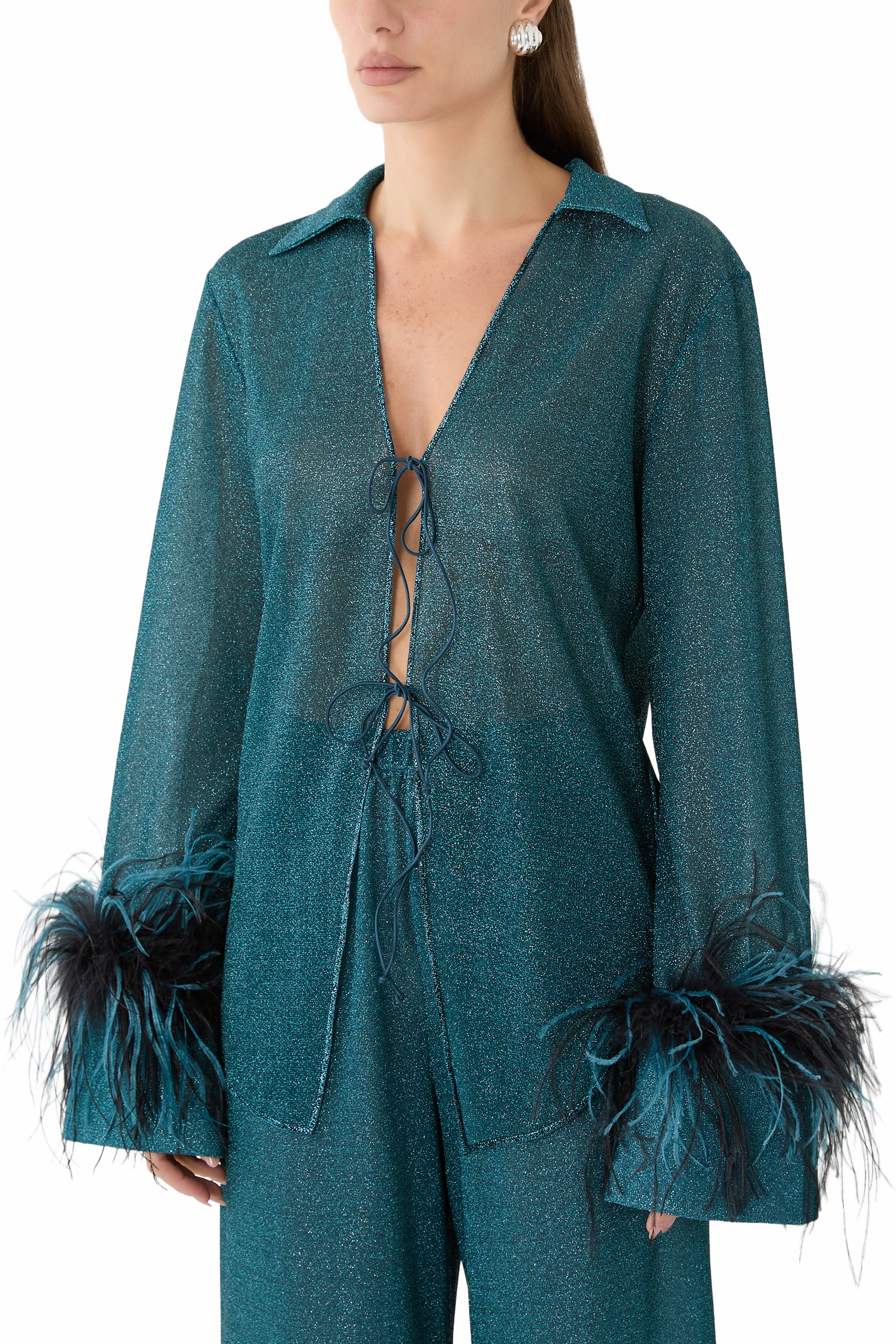 Lumiere Plumage Tie-Front Lurex Shirt