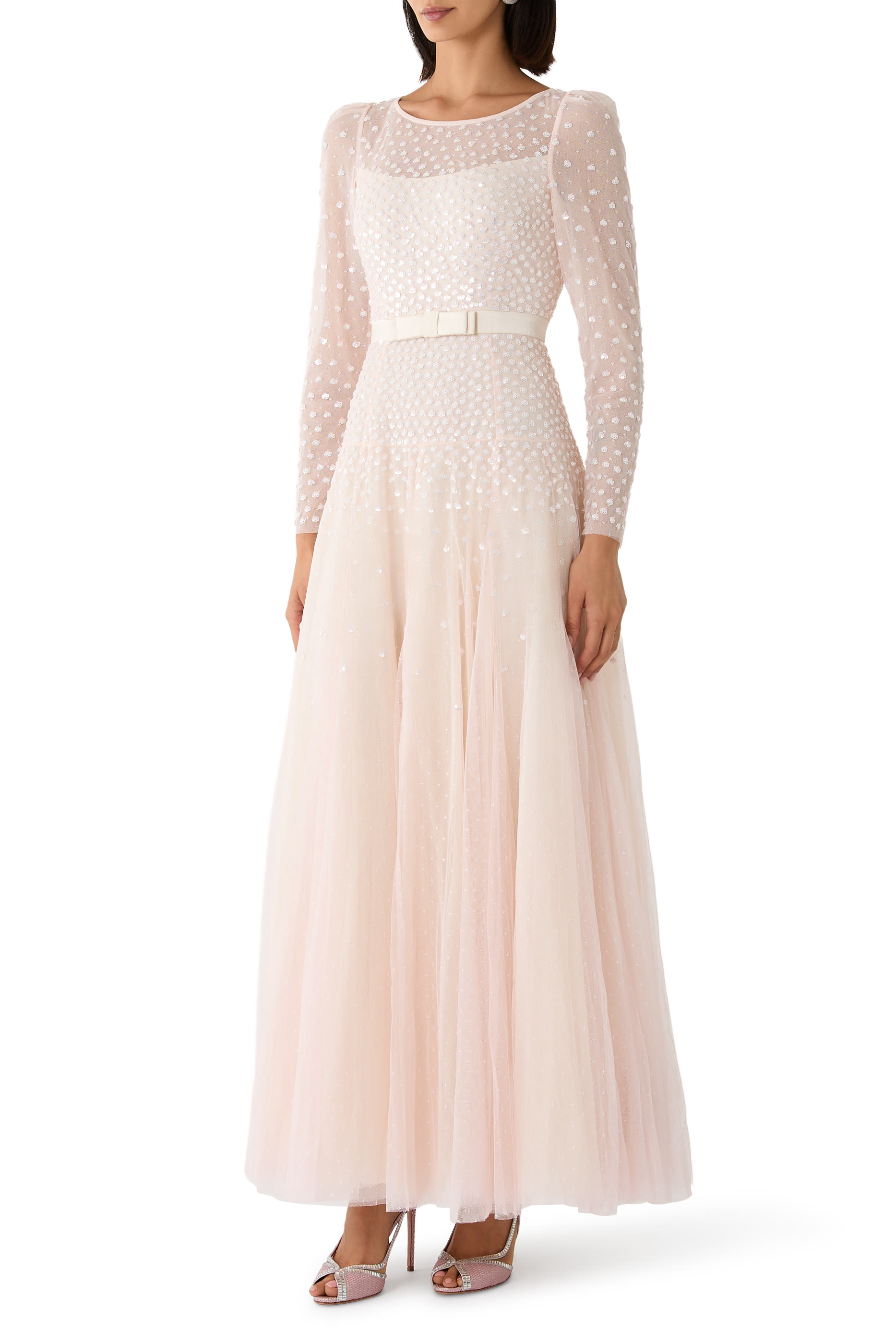 Sequin Cascade Bow Long Sleeves Gown