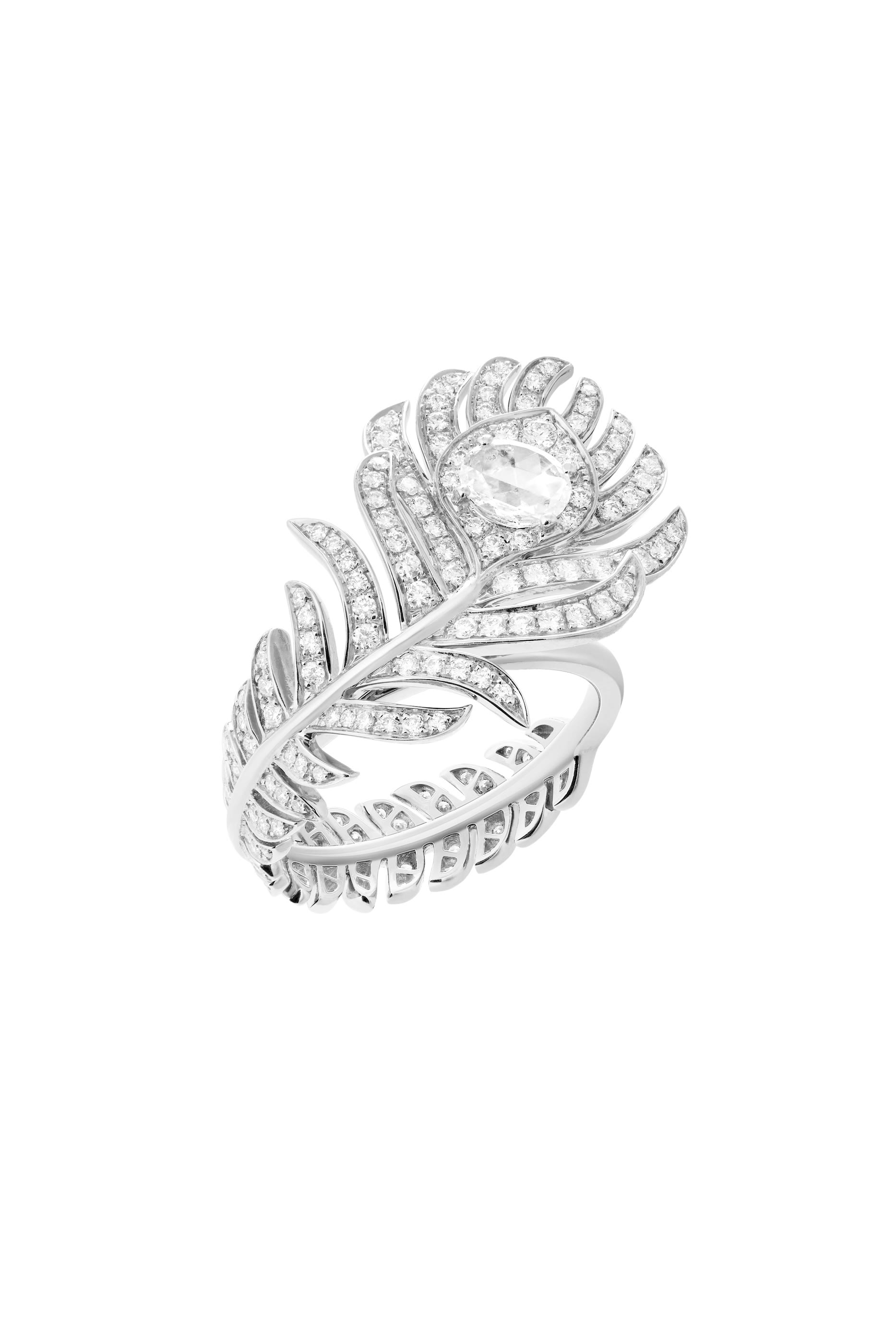Plume De Paon Small Ring, Set With A Rose-Cut Diamond, Paved With Diamonds, 18k White Gold