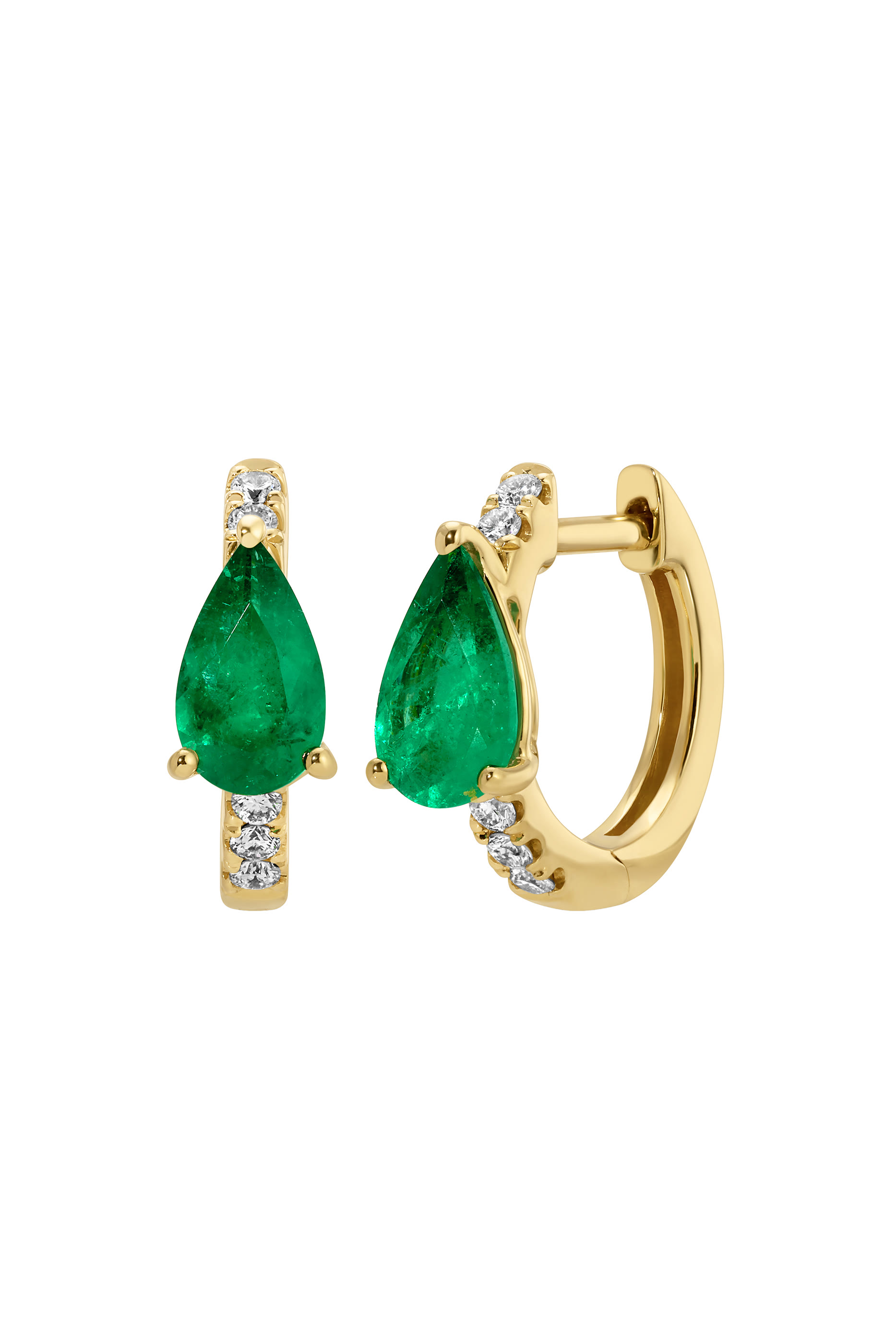Large Pear Huggies, 18k Yellow Gold & Diamonds, Emerald