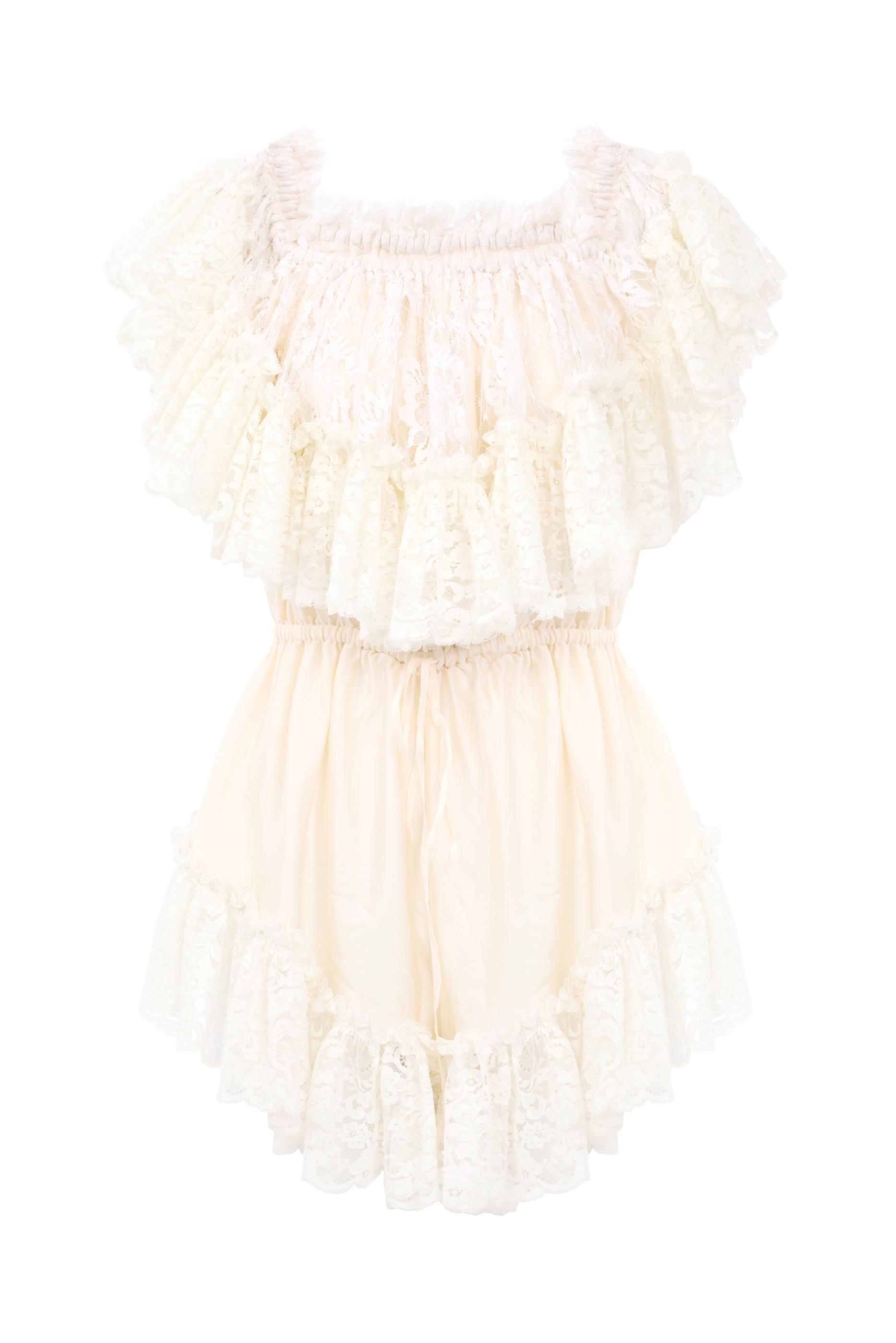 Off-the-Shoulder Mini Jumpsuit in Washed Silk Satin & Lace