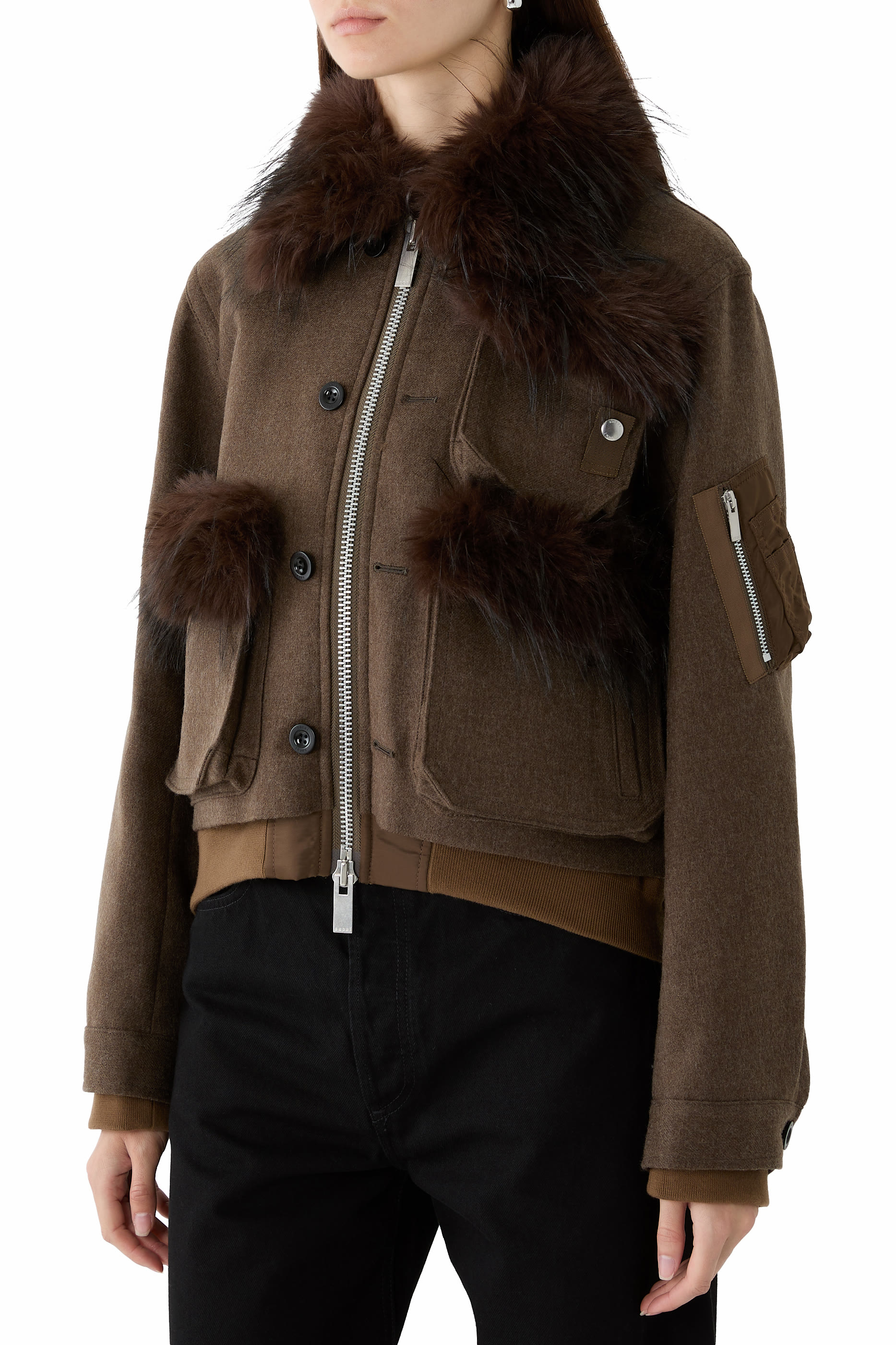 Faux Fur-Trim Collar and Pockets Jacket