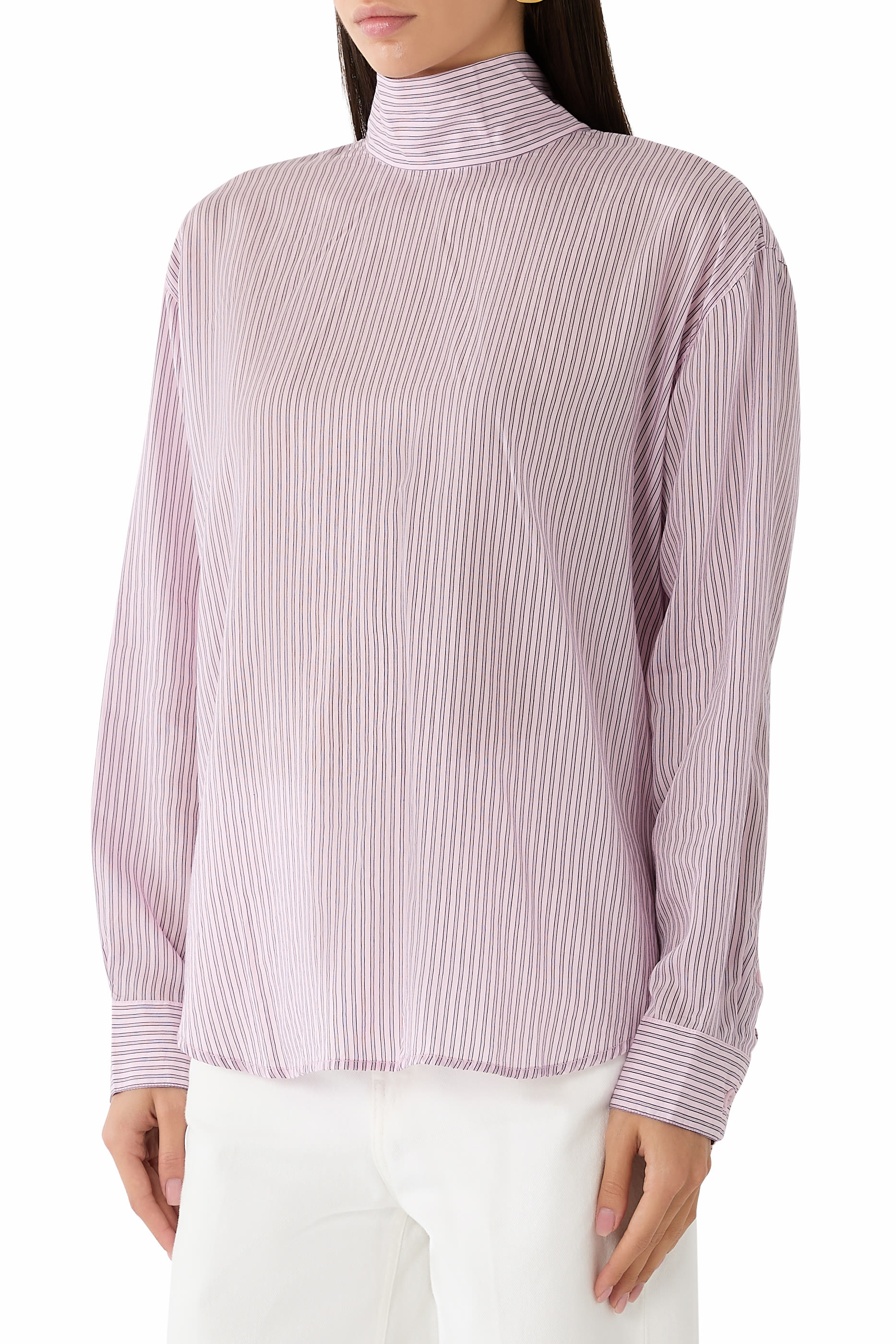Ultra Light Silk Tencel Striped Funnel Neck Shirt 
