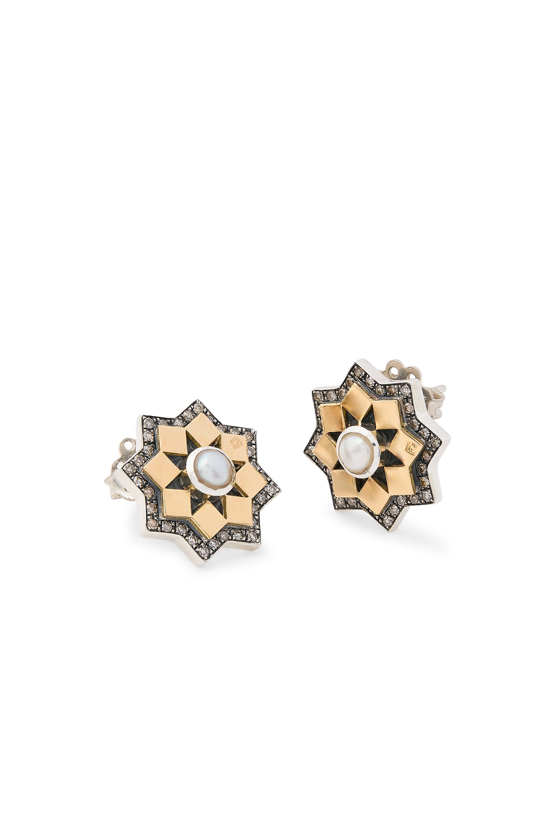 Jashankir Earrings, 18K Yellow Gold with Sterling Silver, Pearl & Diamonds