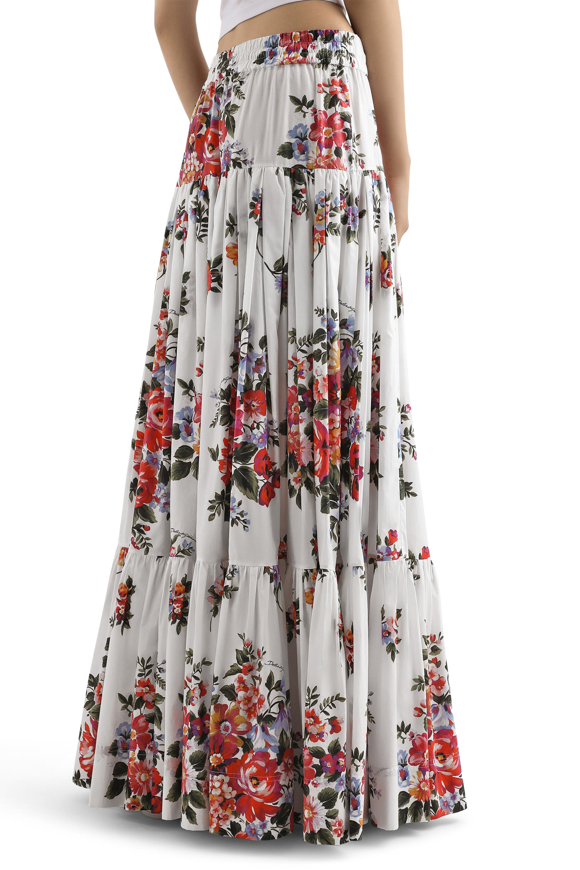 Flower Bouquet-Print Poplin Long Skirt