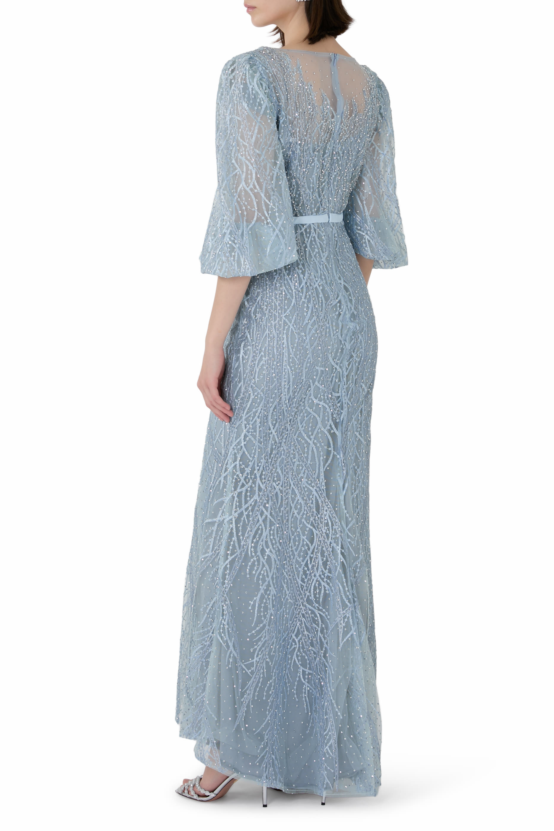 Embroidered Boat Neck Puff Sleeve Gown