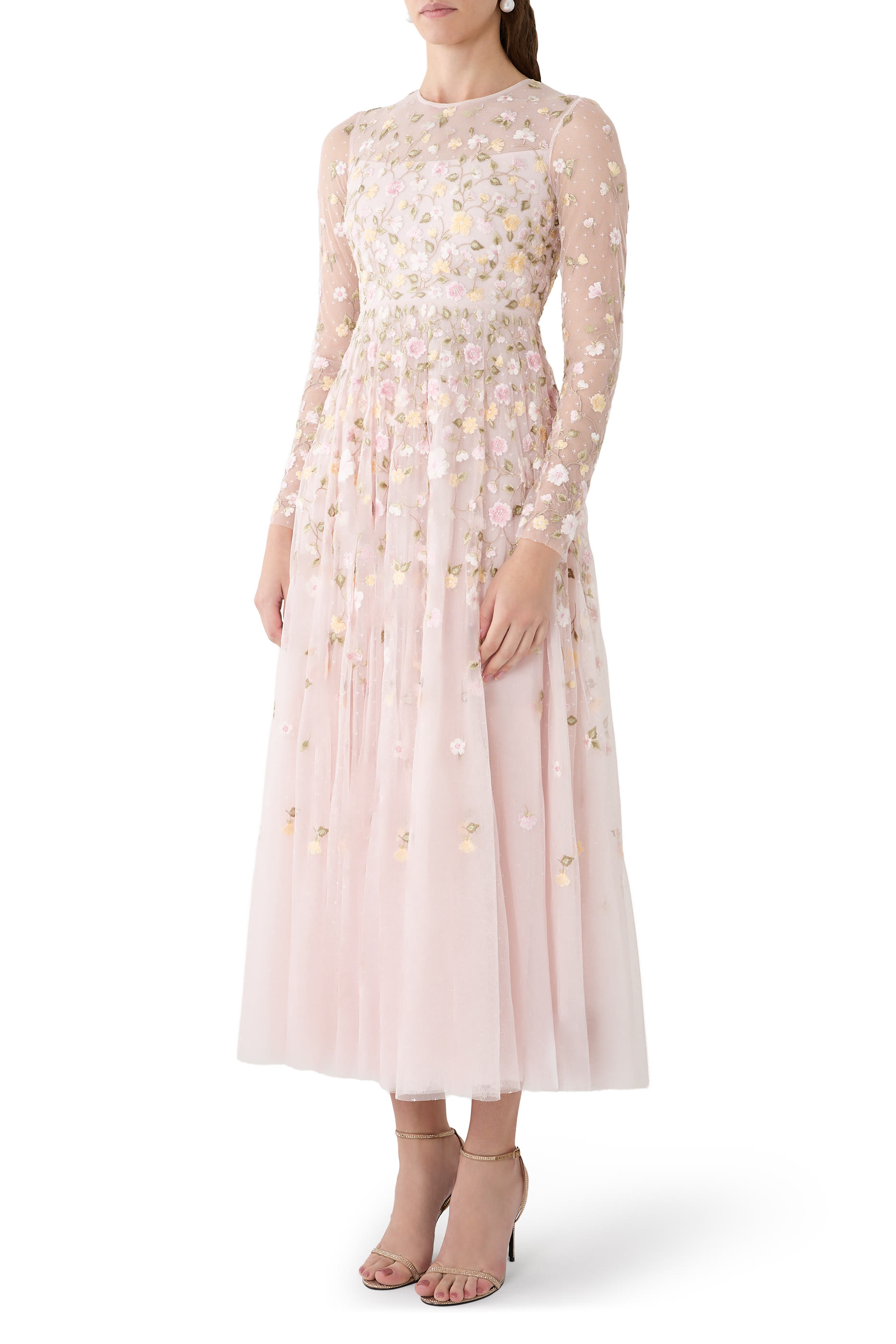 Trailing Roses Long Sleeves Ankle Gown