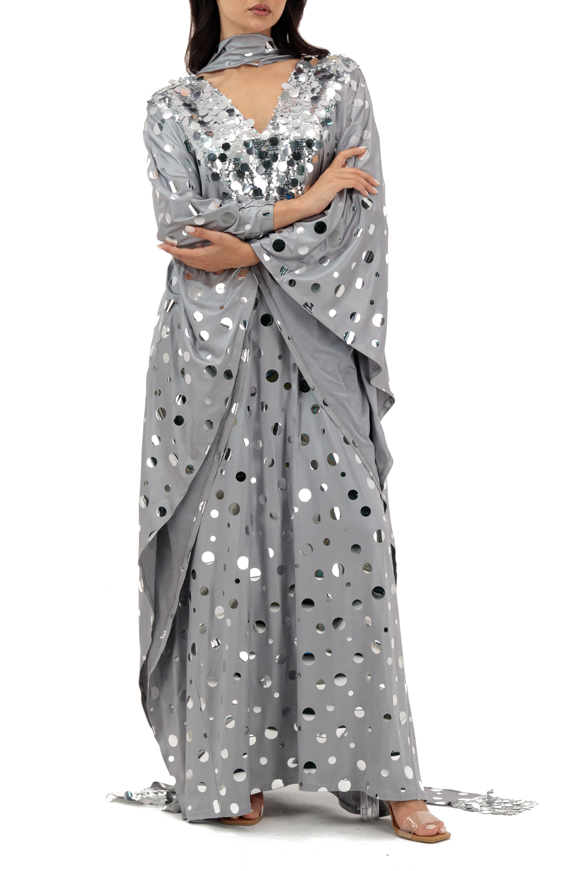  Polka Dot Embellished Kaftan With Scarf